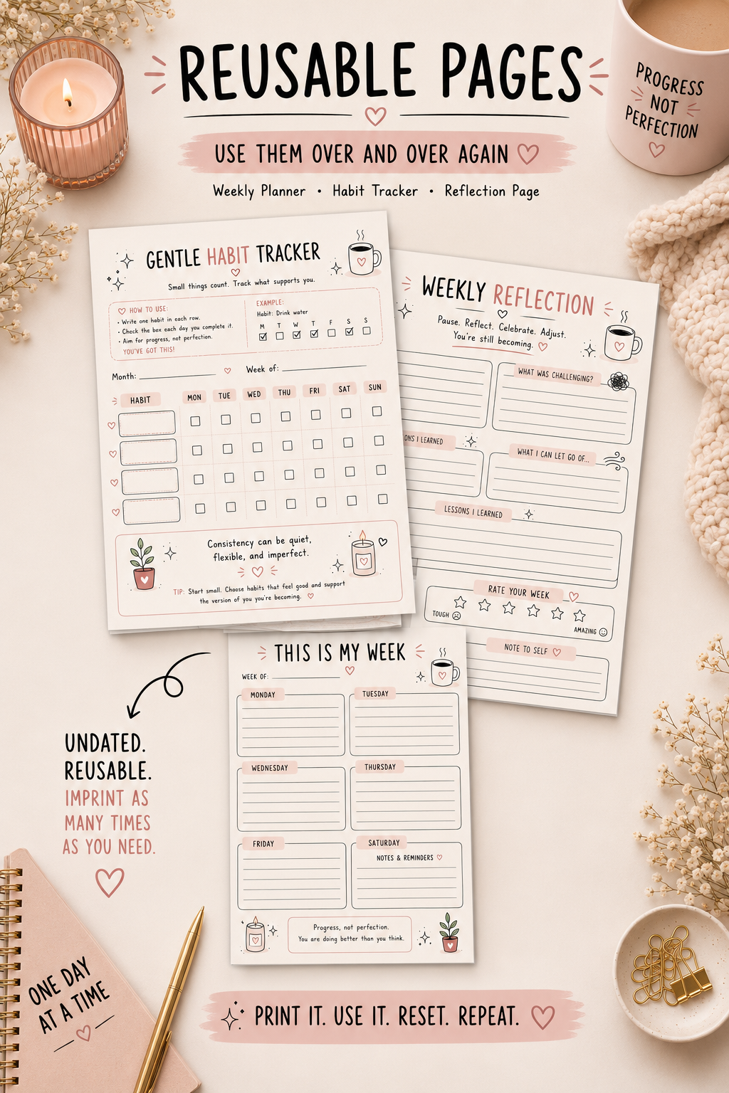 Burnout Reset Planner | Gentle Weekly Habit Tracker, Brain Dump (PDF Download)