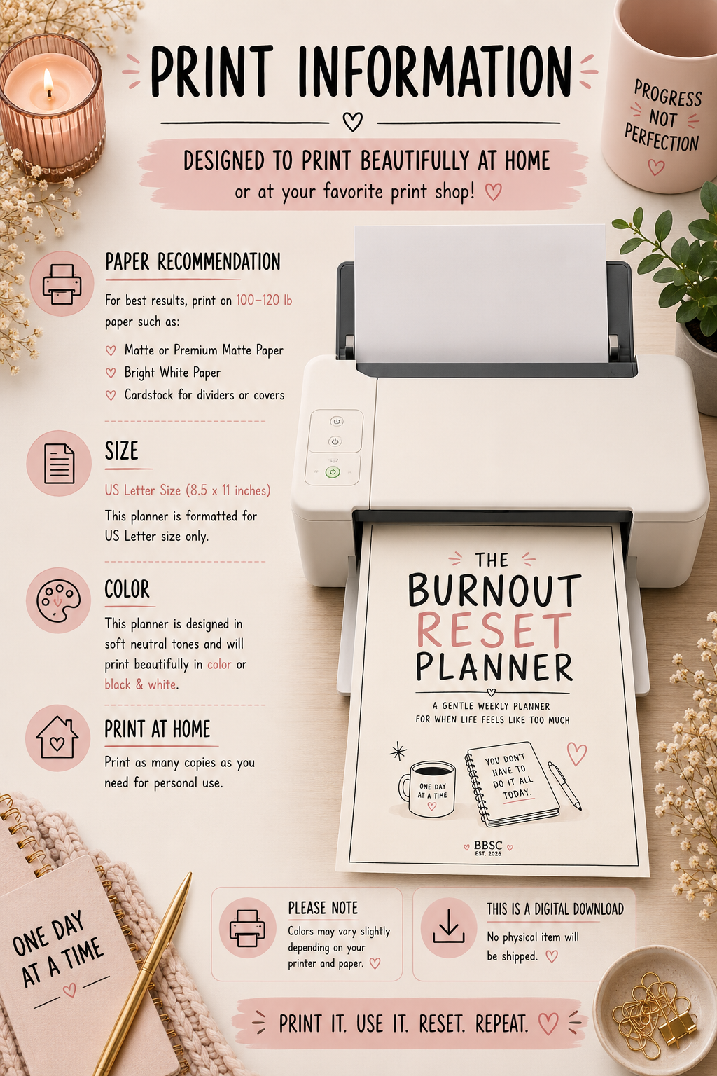 Burnout Reset Planner | Gentle Weekly Habit Tracker, Brain Dump (PDF Download)