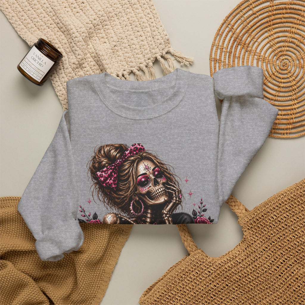 Glam Skull Crewneck Sweatshirt — "Too Glam To Give a Damn" Graphic