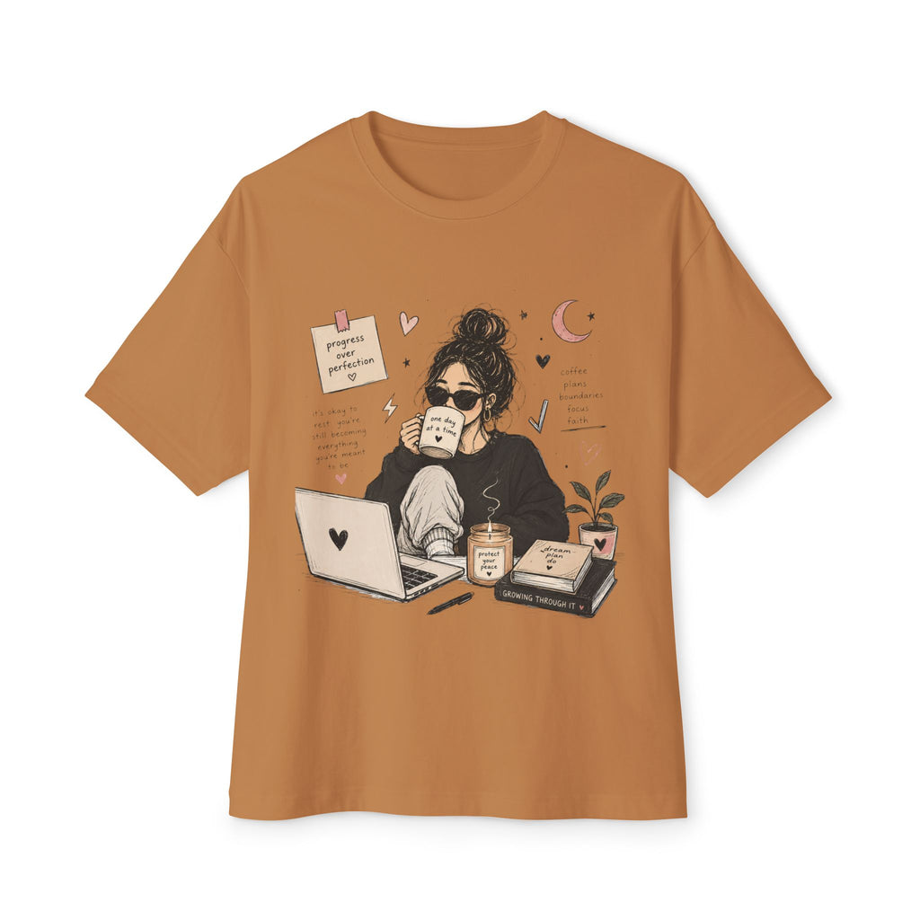 Cozy Coffee Girl Oversized Boxy Study Tee | Hand Drawn Self Care Shirt | Cute Laptop Graphic Tee | Cozy Girl Aesthetic