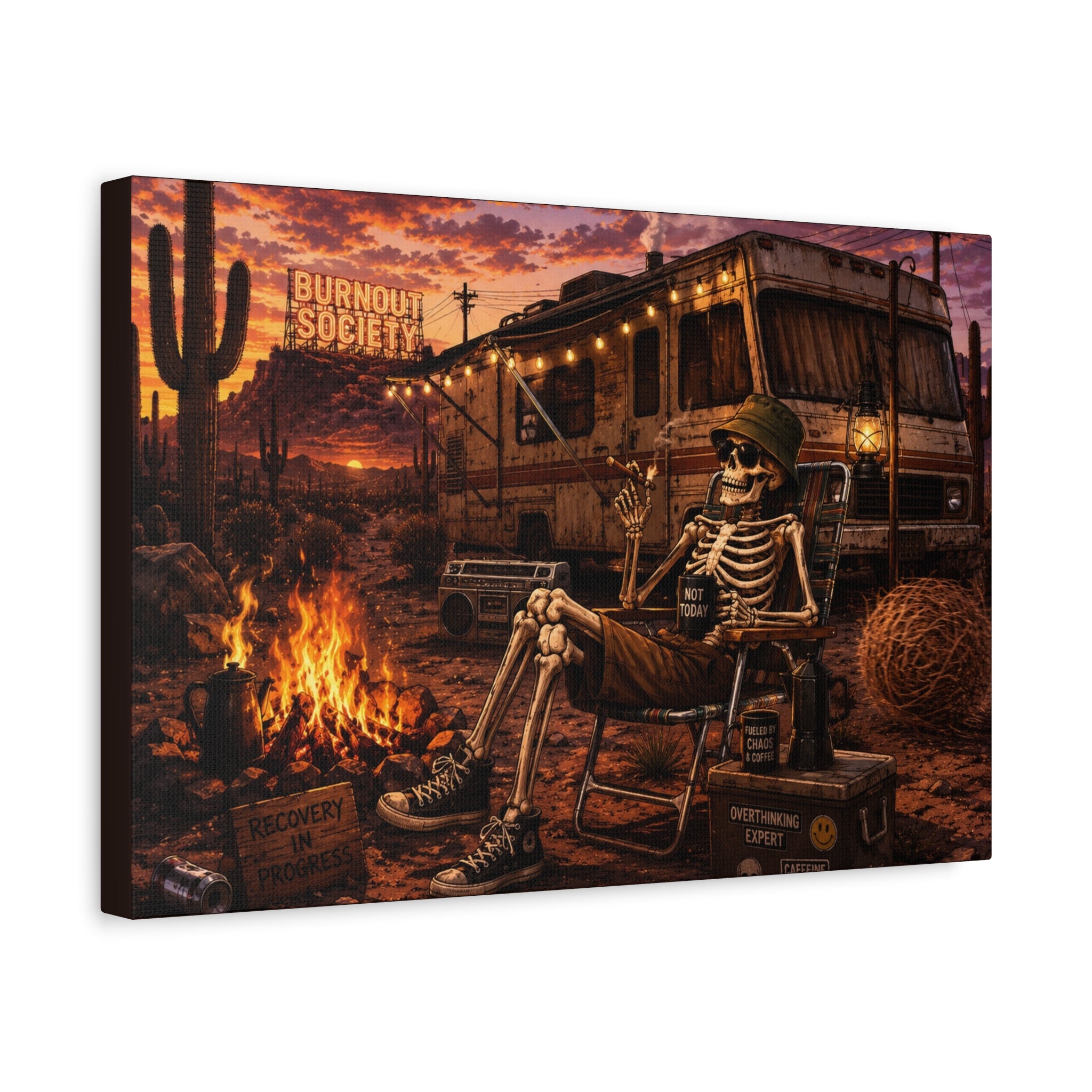 Skeleton Camper Desert Canvas Print — 'Burnout Society' RV Campfire Wall Art