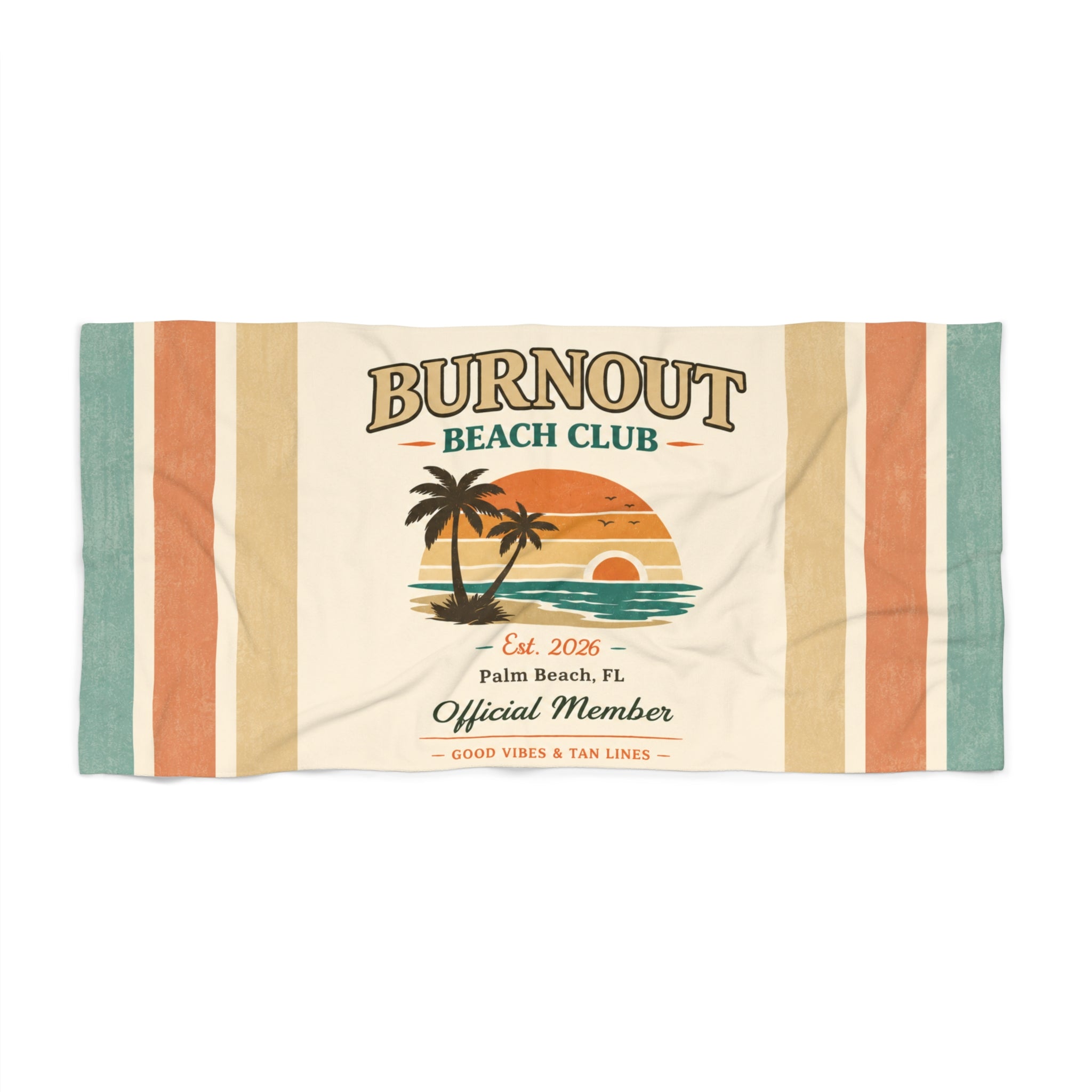 Burnout Beach Club Beach Towel | Retro Coastal Towel | Vintage Stripe Pool Towel | Summer Vacation Gift | Resort Beach Towel