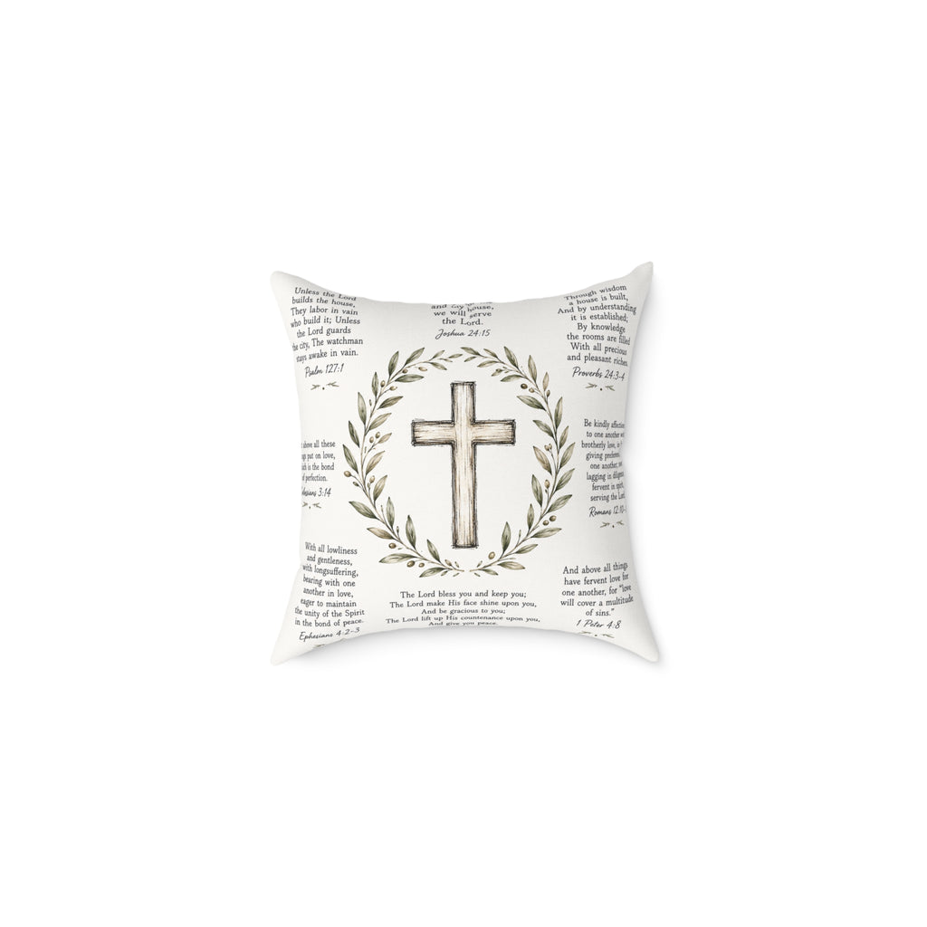 Christian Scripture Throw Pillow | Rustic Cross & Bible Verse Accent Pillow | Farmhouse Faith Home Decor