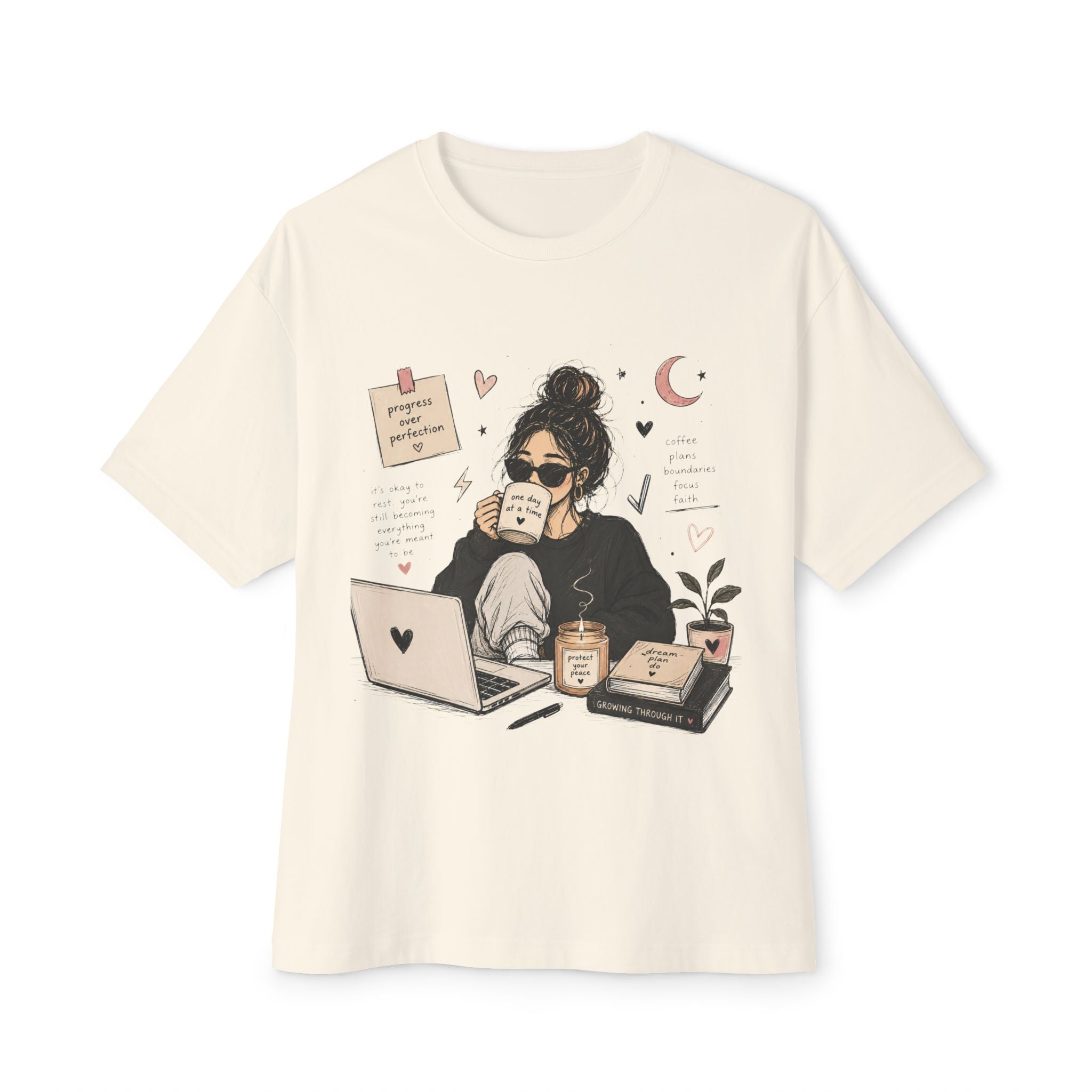 Cozy Coffee Girl Oversized Boxy Study Tee | Hand Drawn Self Care Shirt | Cute Laptop Graphic Tee | Cozy Girl Aesthetic