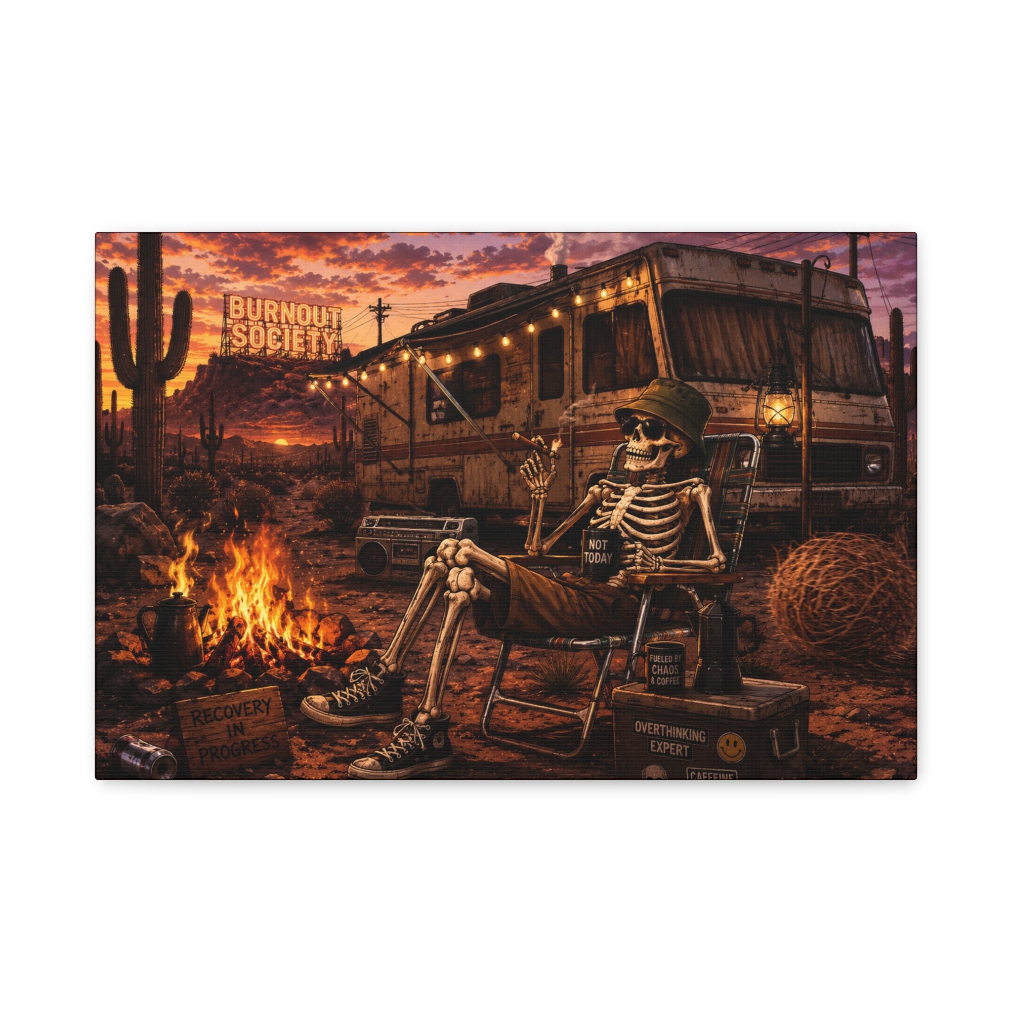 Skeleton Camper Desert Canvas Print — 'Burnout Society' RV Campfire Wall Art