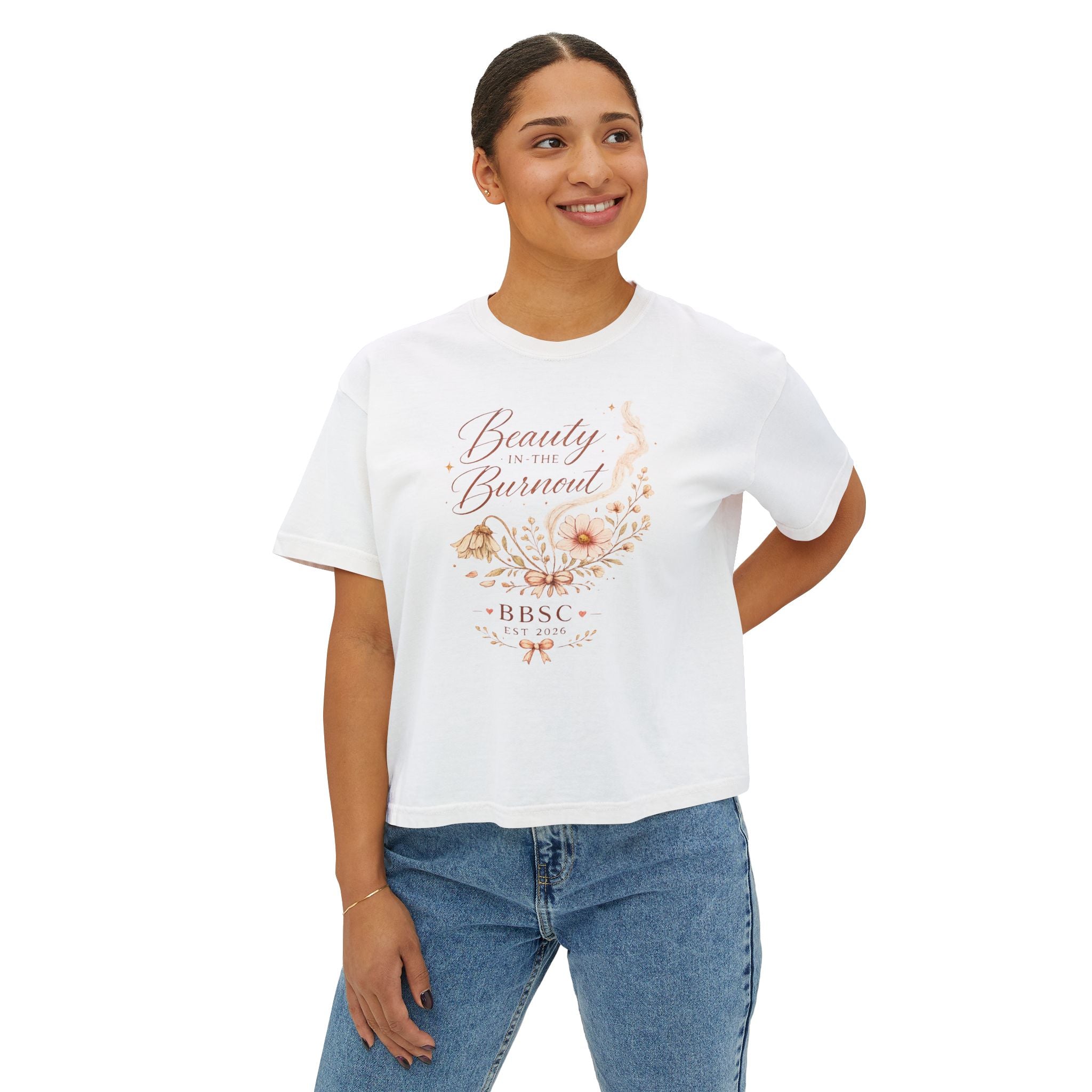 Beauty in the Burnout Women's Boxy Tee | Floral Graphic Shirt | BBSC Est. 2026