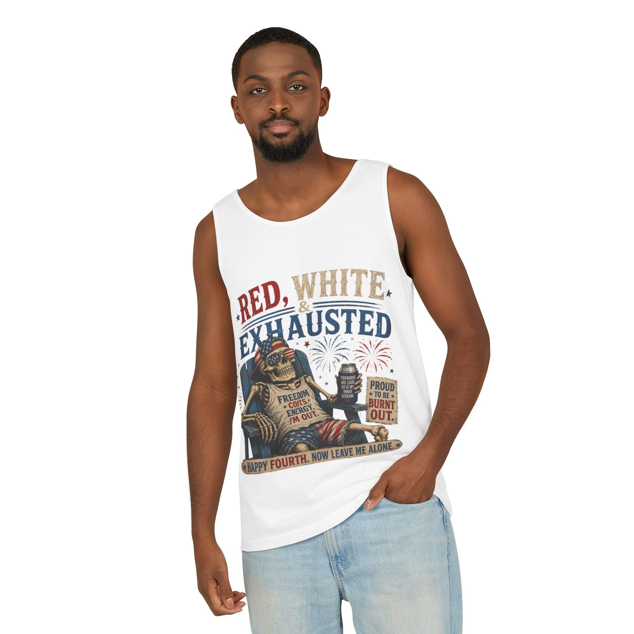 Red, White & Exhausted Shirt | Funny 4th of July Tank top  | Patriotic Burnout Tee | Retro America Graphic Tee | Independence Day Gift