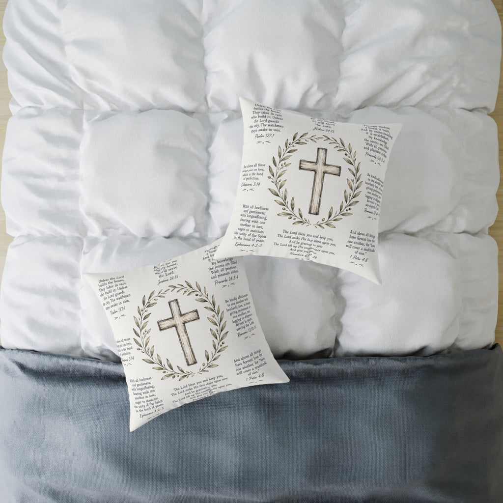 Christian Scripture Throw Pillow | Rustic Cross & Bible Verse Accent Pillow | Farmhouse Faith Home Decor