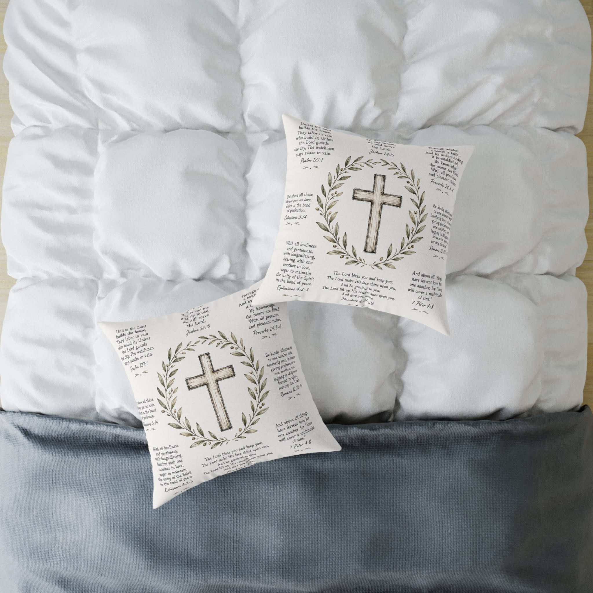 Christian Scripture Throw Pillow | Rustic Cross & Bible Verse Accent Pillow | Farmhouse Faith Home Decor