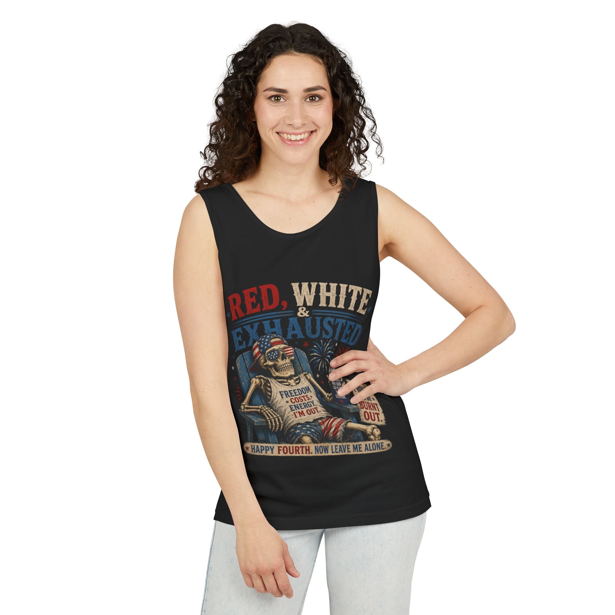 Red, White & Exhausted Shirt | Funny 4th of July Tank top  | Patriotic Burnout Tee | Retro America Graphic Tee | Independence Day Gift