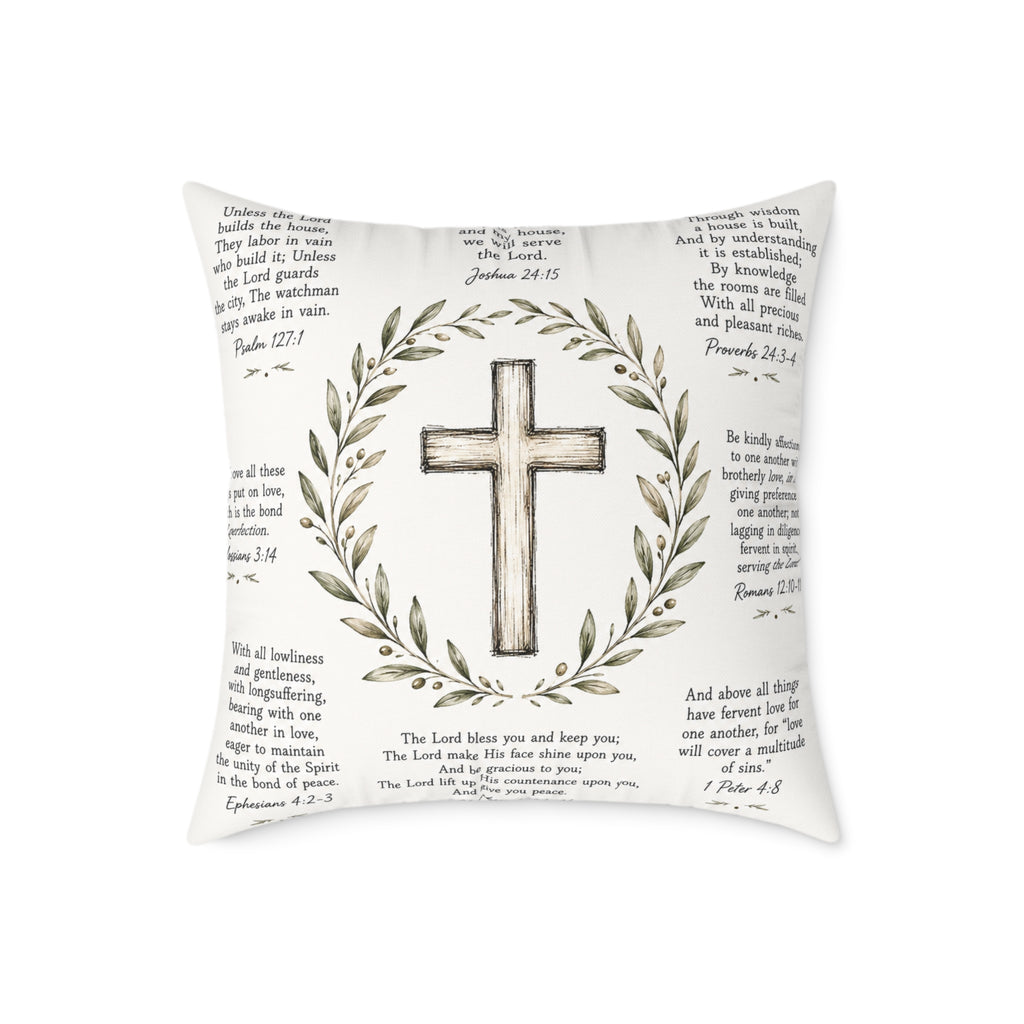Christian Scripture Throw Pillow | Rustic Cross & Bible Verse Accent Pillow | Farmhouse Faith Home Decor