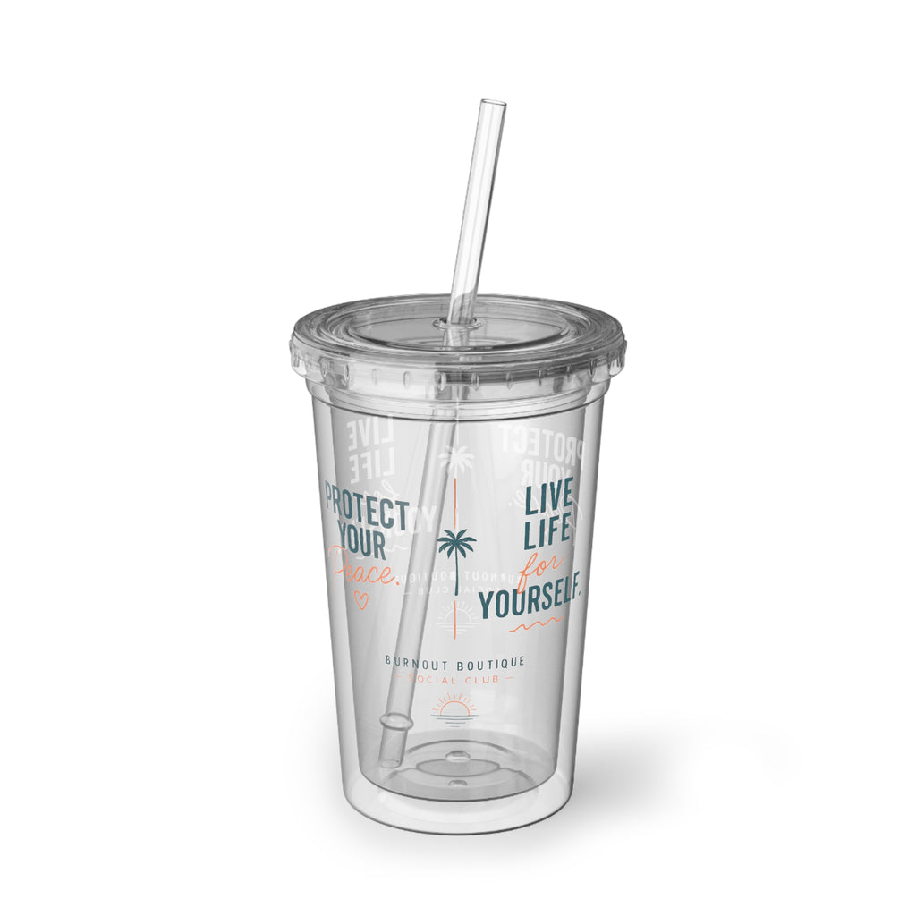 Burnout Boutique Social Club Tumbler | Protect Your Peace Cup | 16oz Acrylic Insulated Tumbler with Straw | Beach Lifestyle Gift