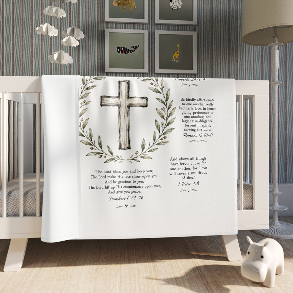Faith Cross Throw Blanket — Scripture Verses & Laurel Wreath Christian Decor