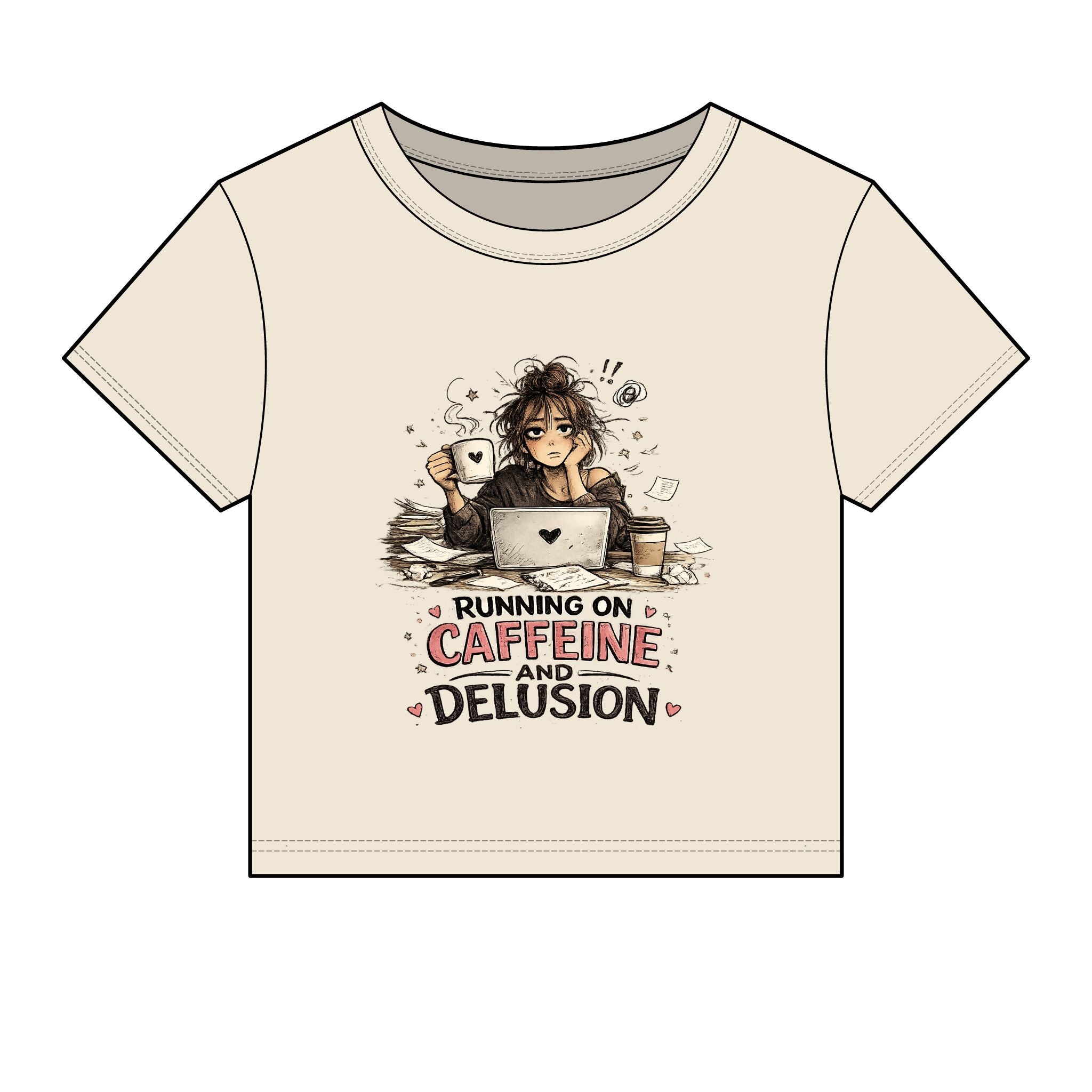 Running on Caffeine & Delusion Baby Tee | Cute Coffee Girl Graphic Shirt | Funny Burnout Aesthetic Top