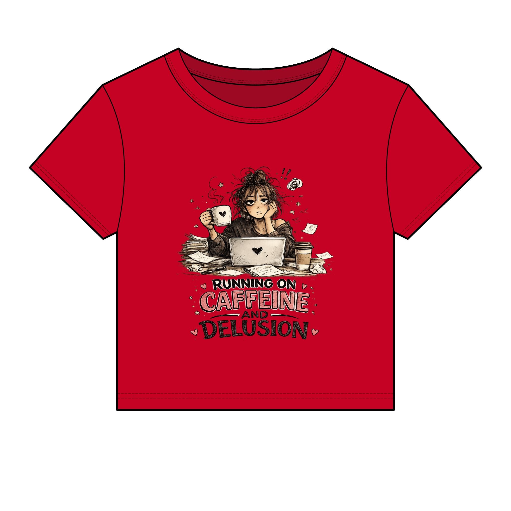 Running on Caffeine & Delusion Baby Tee | Cute Coffee Girl Graphic Shirt | Funny Burnout Aesthetic Top