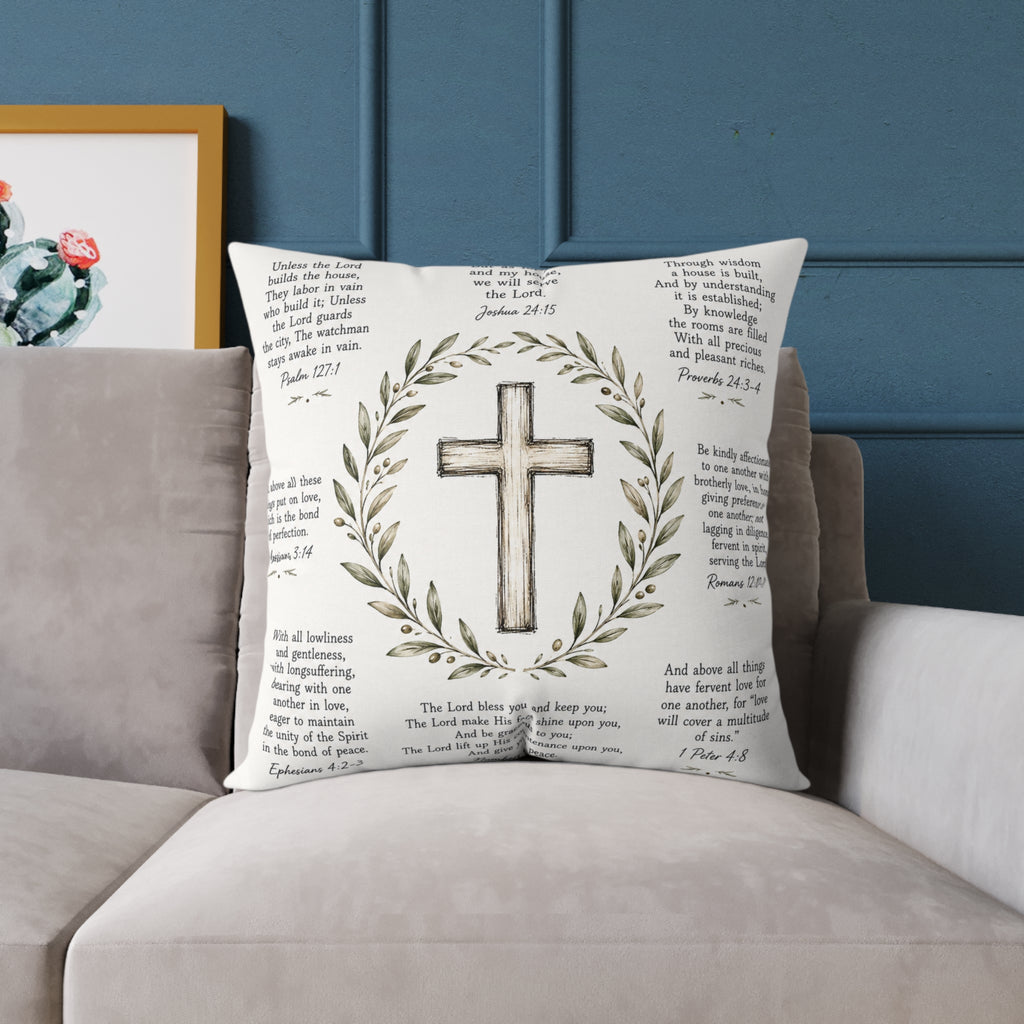 Christian Scripture Throw Pillow | Rustic Cross & Bible Verse Accent Pillow | Farmhouse Faith Home Decor