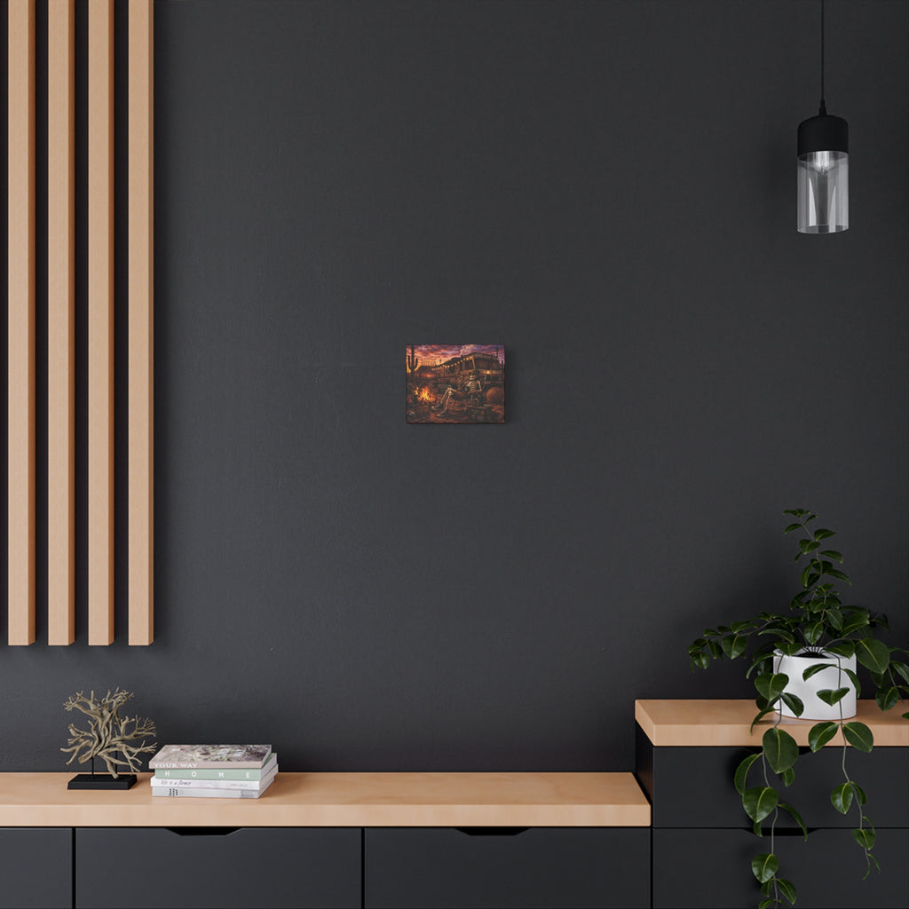 Skeleton Camper Desert Canvas Print — 'Burnout Society' RV Campfire Wall Art