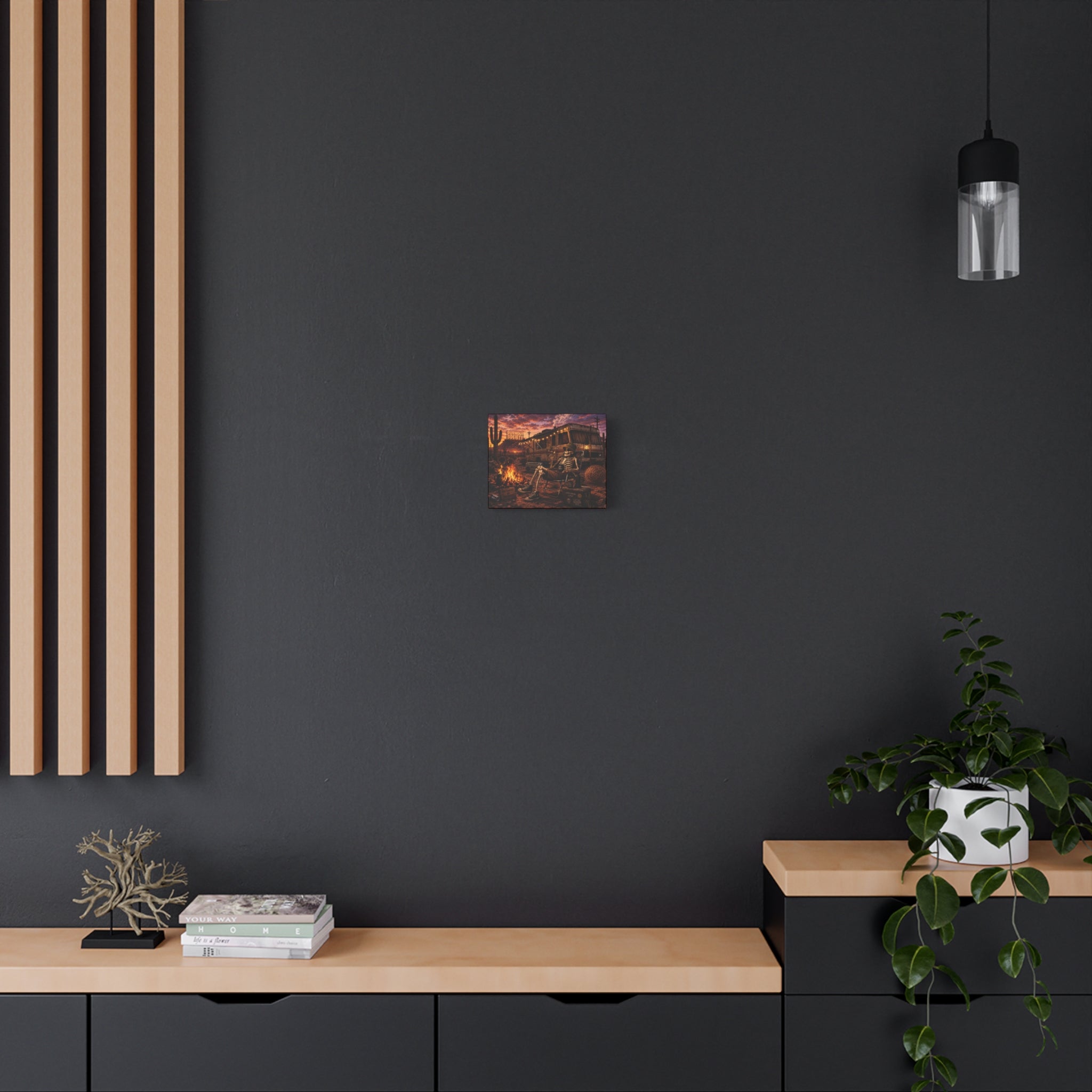 Skeleton Camper Desert Canvas Print — 'Burnout Society' RV Campfire Wall Art