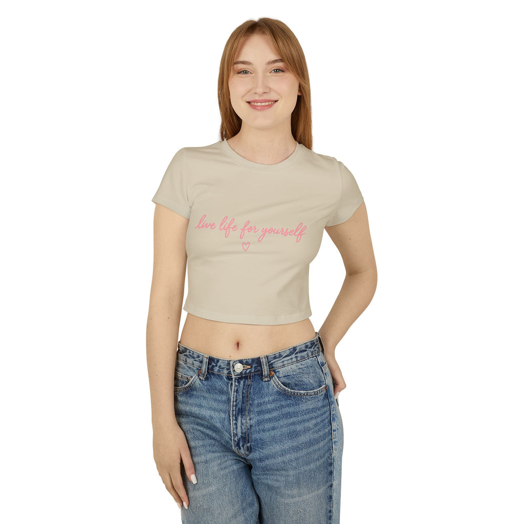 Live Life for Yourself Baby Tee | Cute Cursive Graphic Tee | Minimalist Fitted Crop Top | Soft Girl Aesthetic Shirt