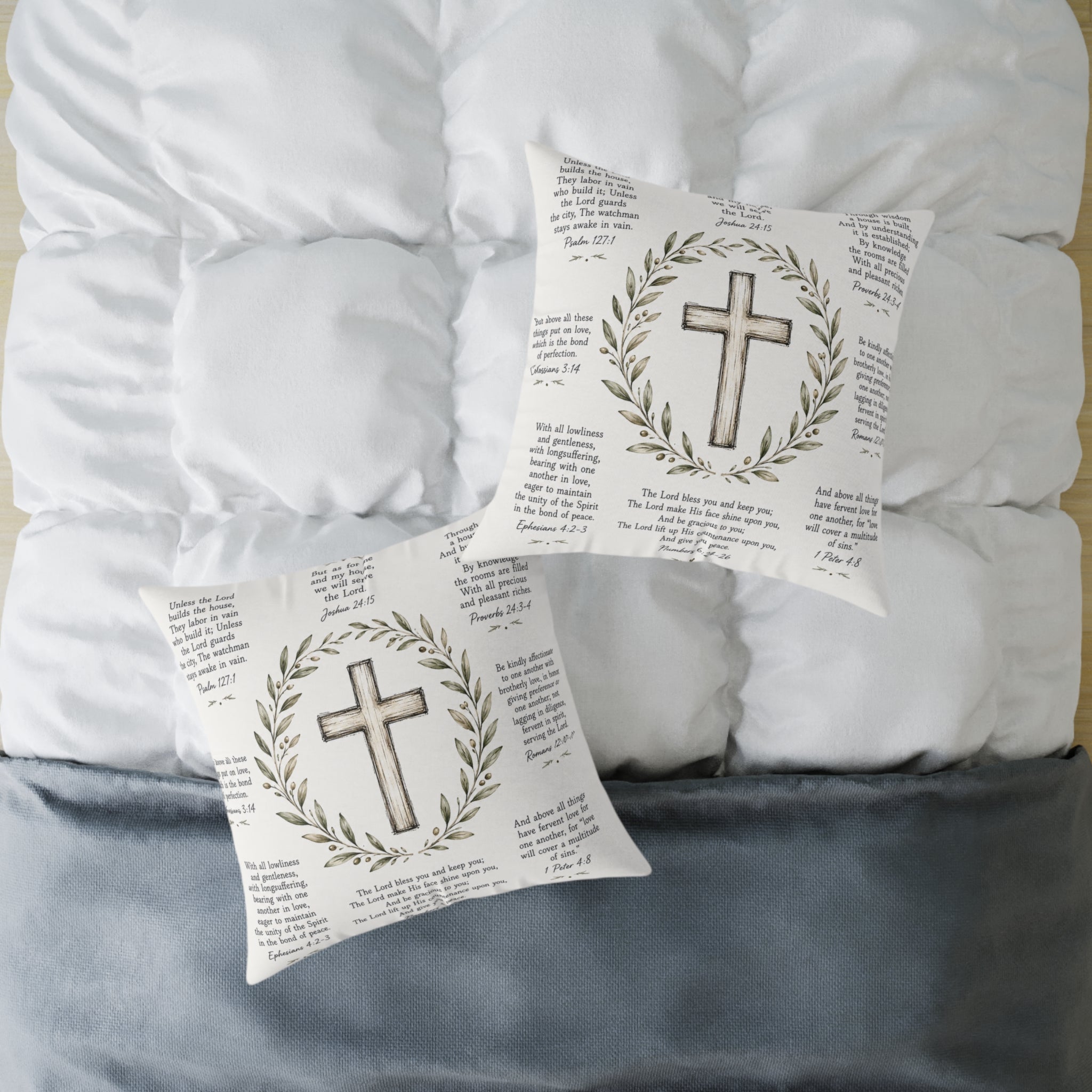 Christian Scripture Throw Pillow | Rustic Cross & Bible Verse Accent Pillow | Farmhouse Faith Home Decor