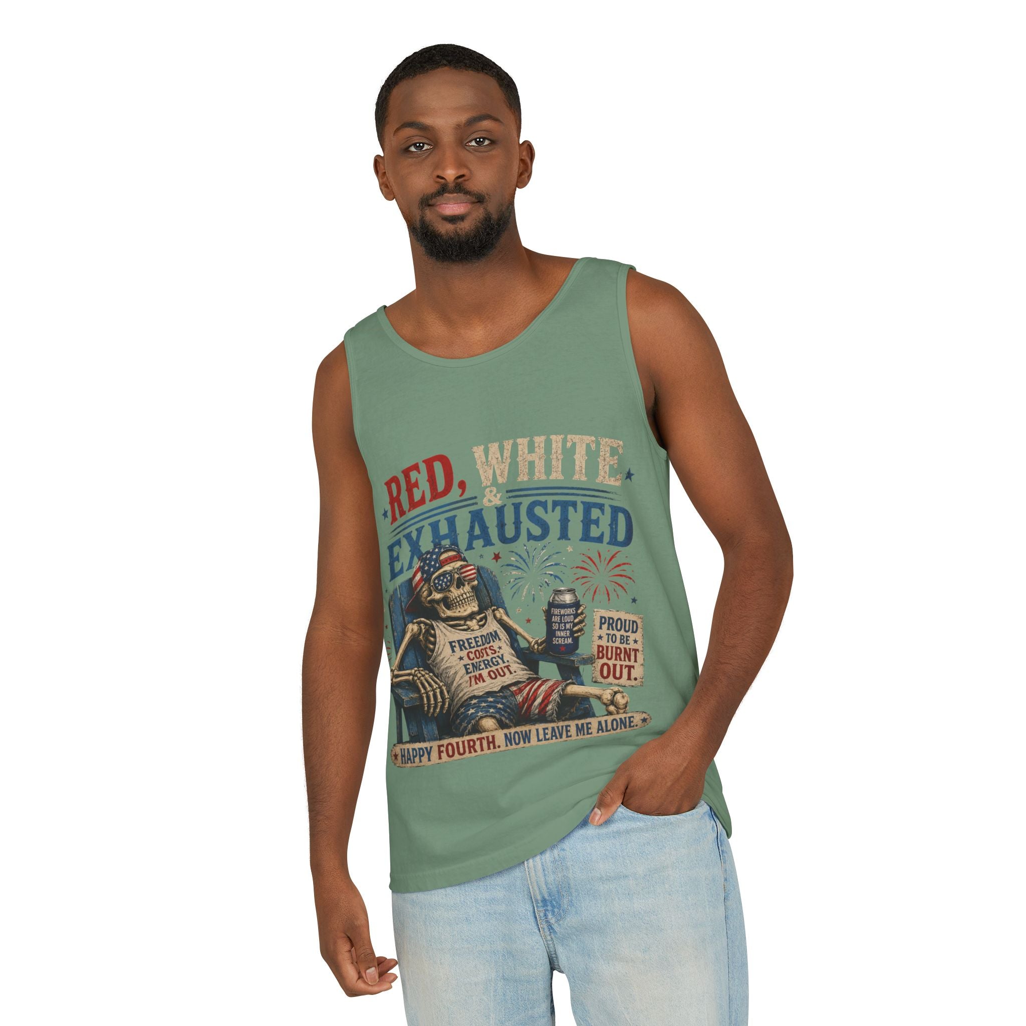 Red, White & Exhausted Shirt | Funny 4th of July Tank top  | Patriotic Burnout Tee | Retro America Graphic Tee | Independence Day Gift
