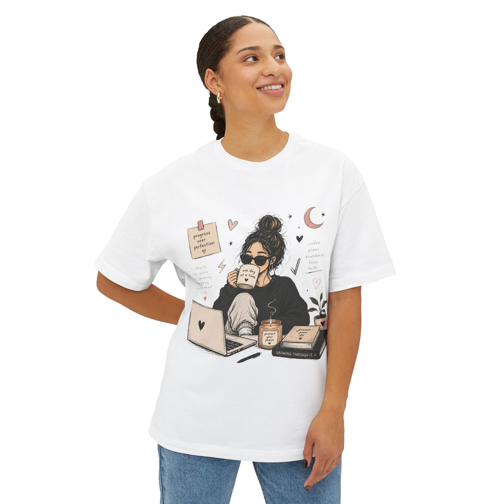 Cozy Coffee Girl Oversized Boxy Study Tee | Hand Drawn Self Care Shirt | Cute Laptop Graphic Tee | Cozy Girl Aesthetic