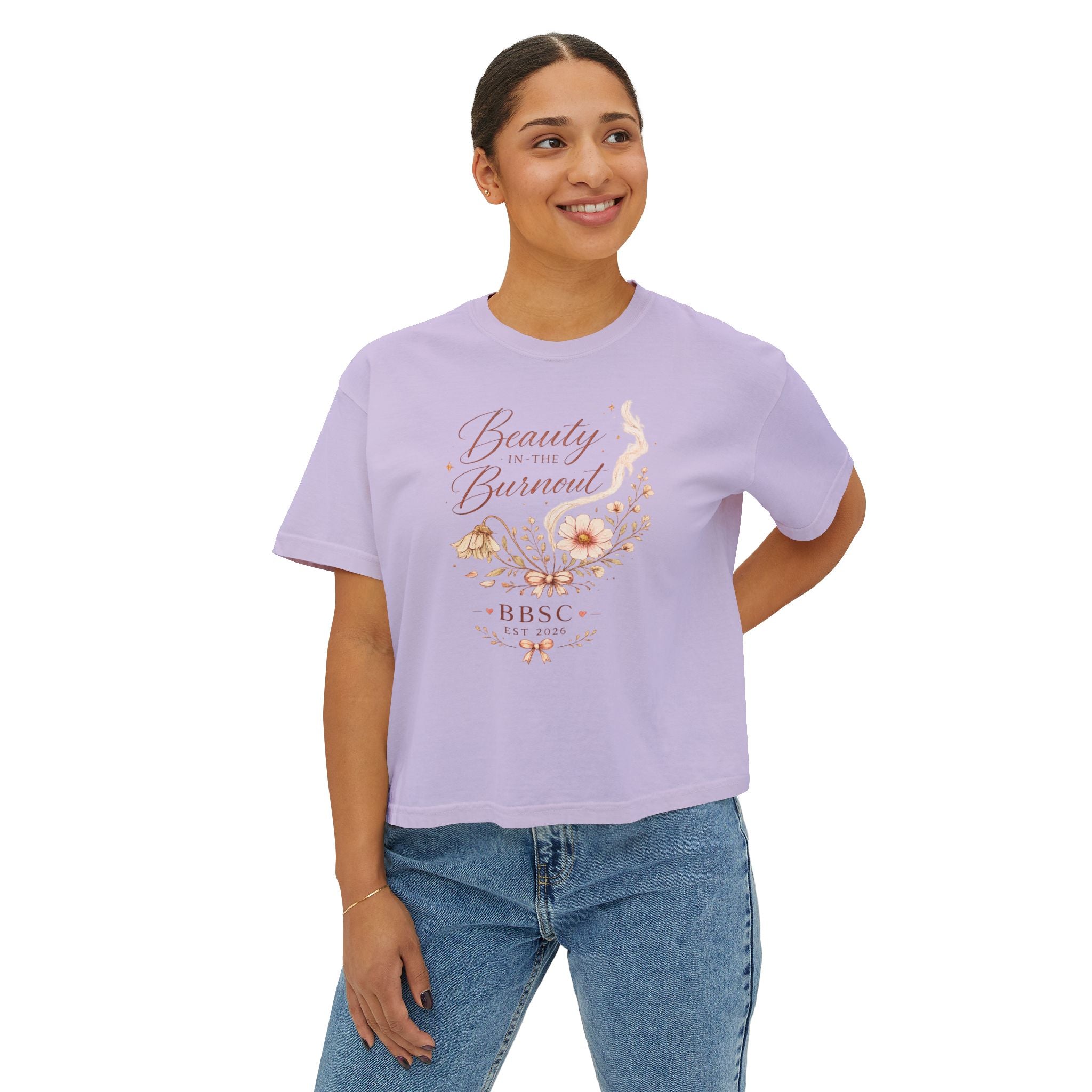 Beauty in the Burnout Women's Boxy Tee | Floral Graphic Shirt | BBSC Est. 2026