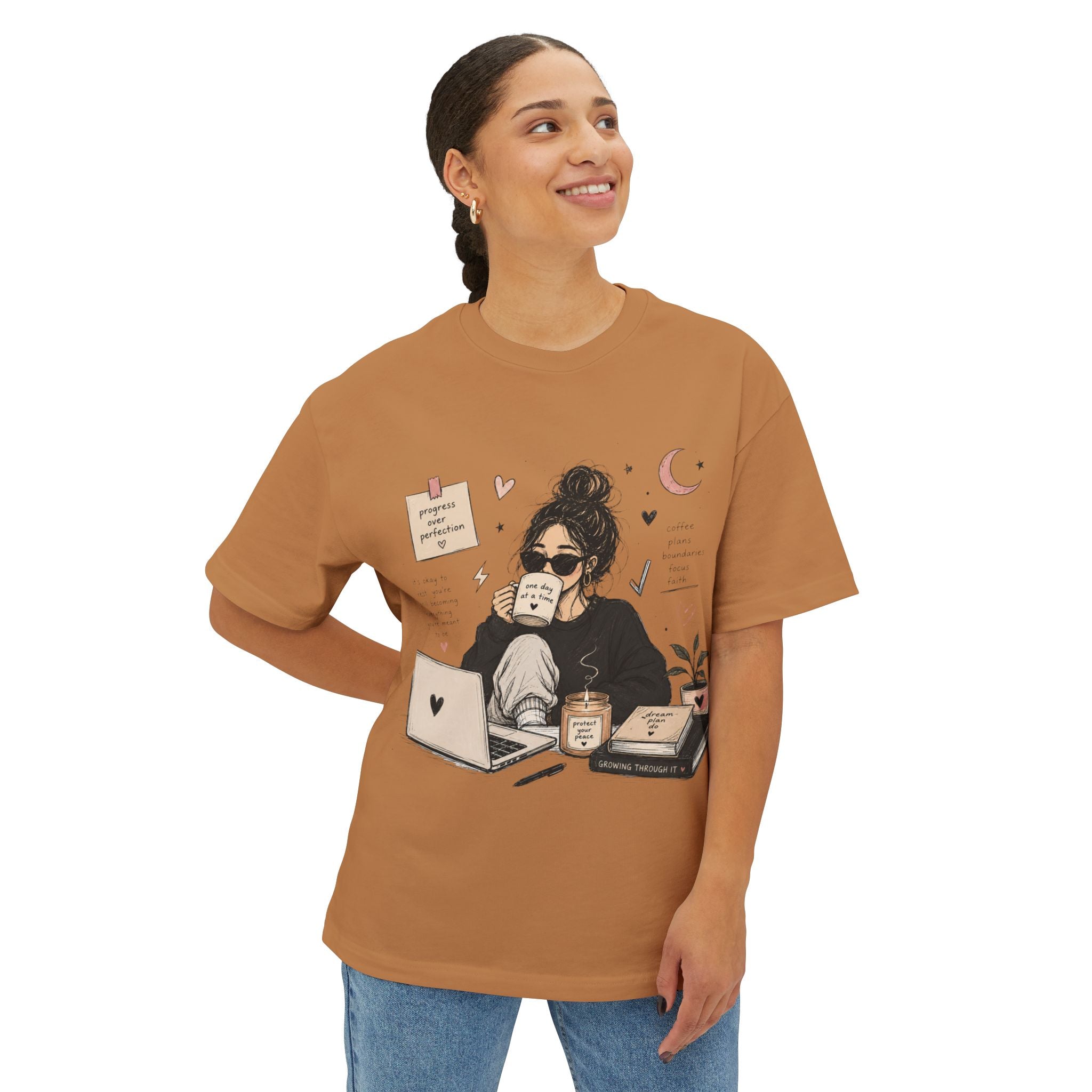 Cozy Coffee Girl Oversized Boxy Study Tee | Hand Drawn Self Care Shirt | Cute Laptop Graphic Tee | Cozy Girl Aesthetic