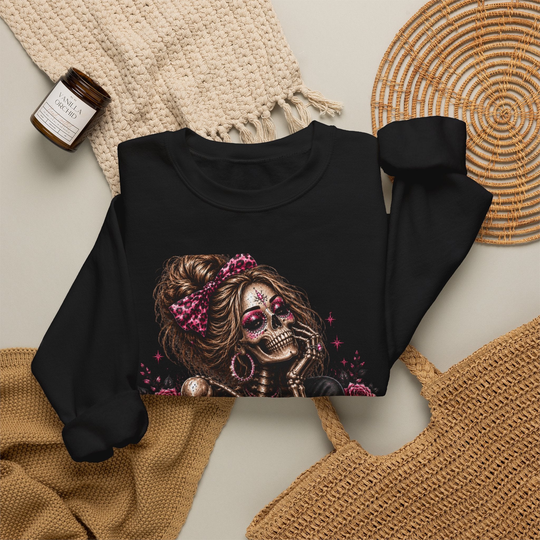 Glam Skull Crewneck Sweatshirt — "Too Glam To Give a Damn" Graphic