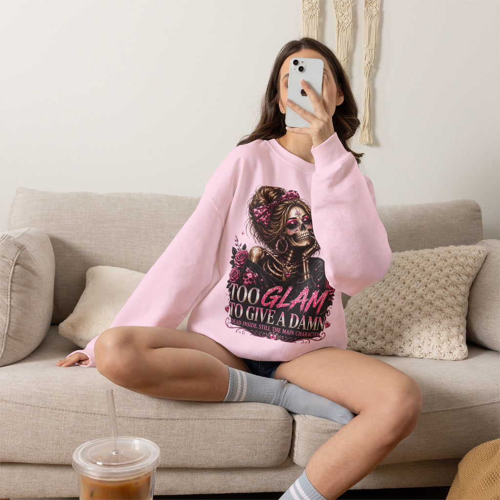 Glam Skull Crewneck Sweatshirt — "Too Glam To Give a Damn" Graphic