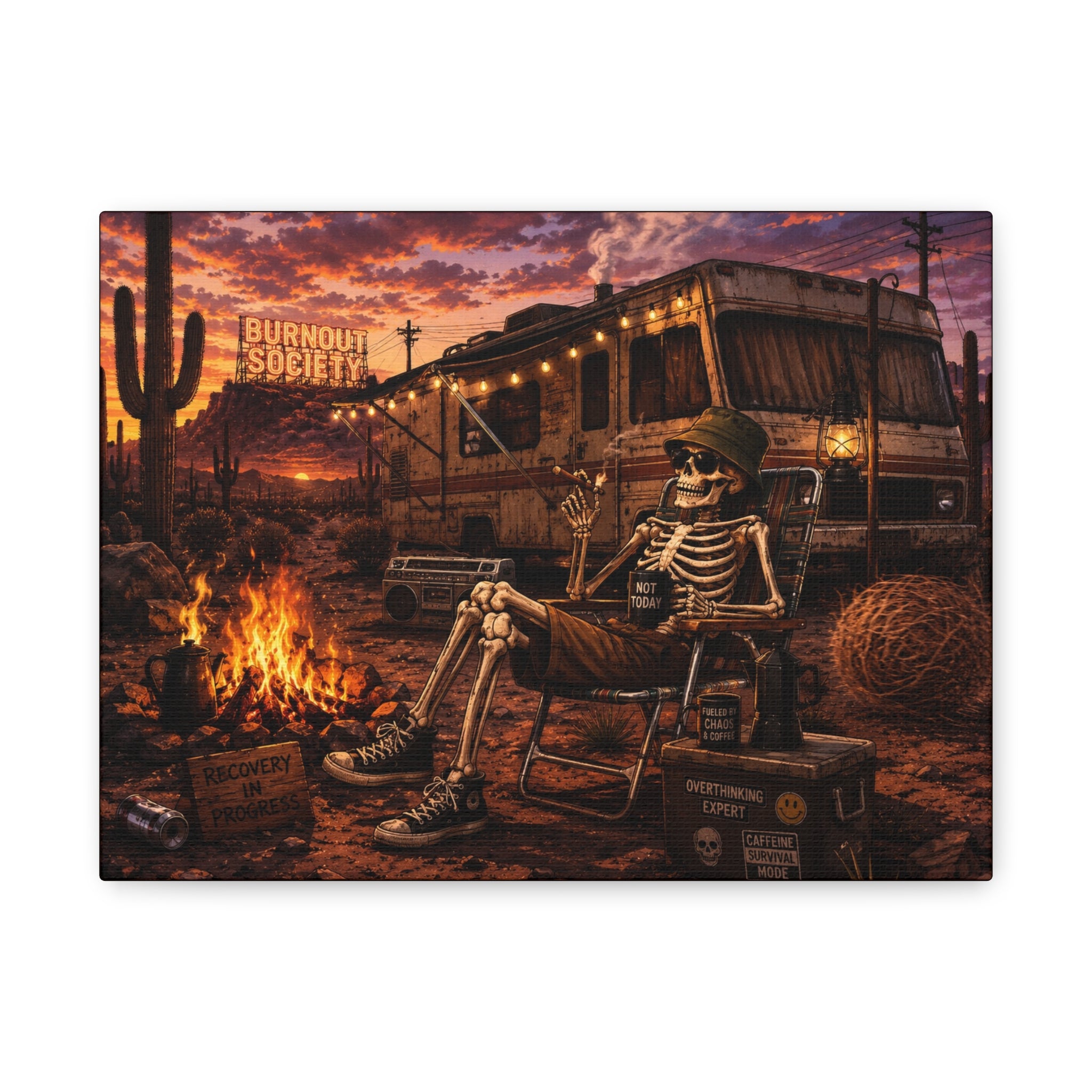 Skeleton Camper Desert Canvas Print — 'Burnout Society' RV Campfire Wall Art