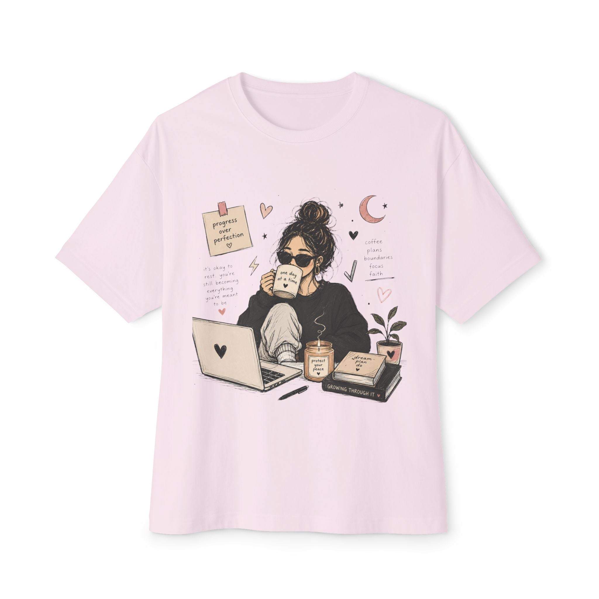 Cozy Coffee Girl Oversized Boxy Study Tee | Hand Drawn Self Care Shirt | Cute Laptop Graphic Tee | Cozy Girl Aesthetic
