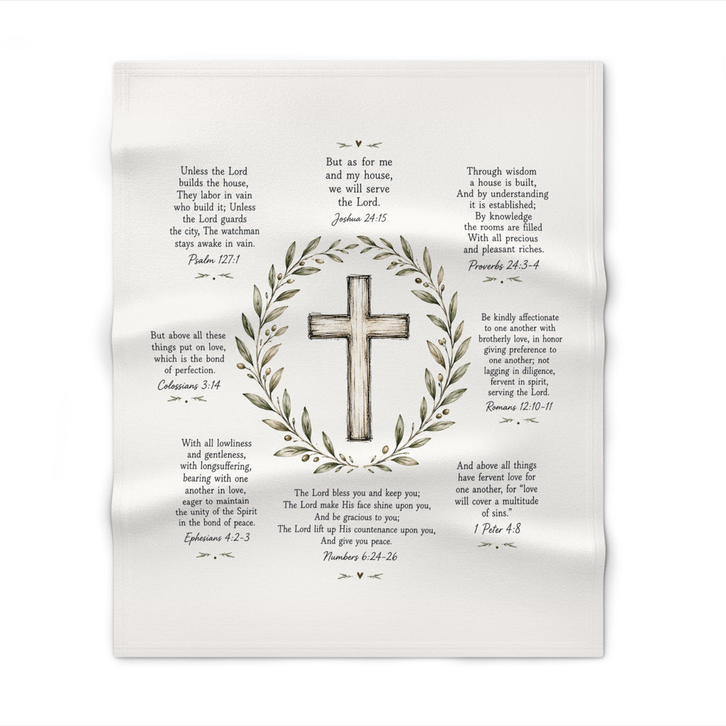 Faith Cross Throw Blanket — Scripture Verses & Laurel Wreath Christian Decor