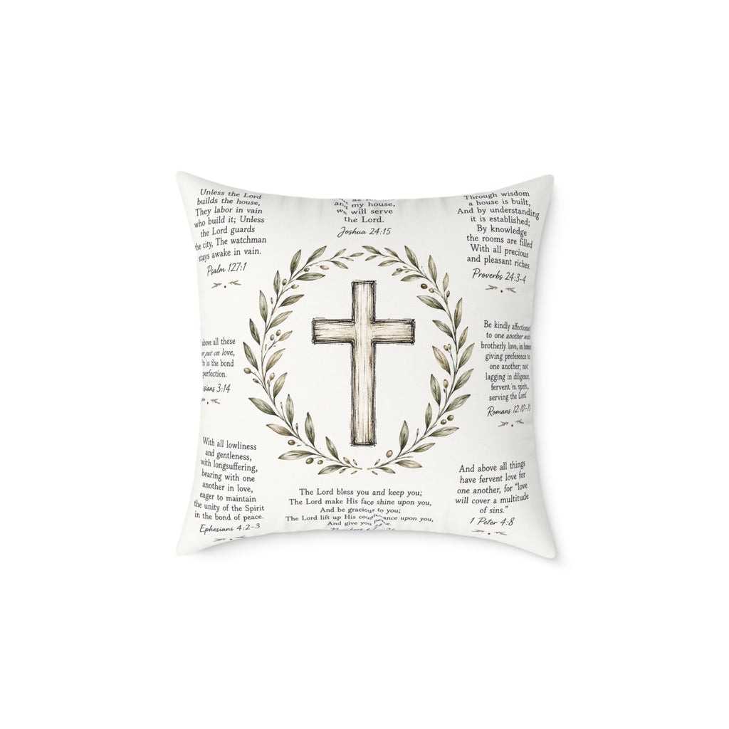 Christian Scripture Throw Pillow | Rustic Cross & Bible Verse Accent Pillow | Farmhouse Faith Home Decor
