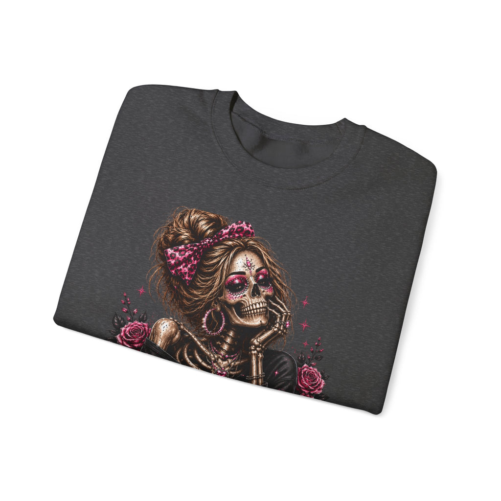 Glam Skull Crewneck Sweatshirt — "Too Glam To Give a Damn" Graphic