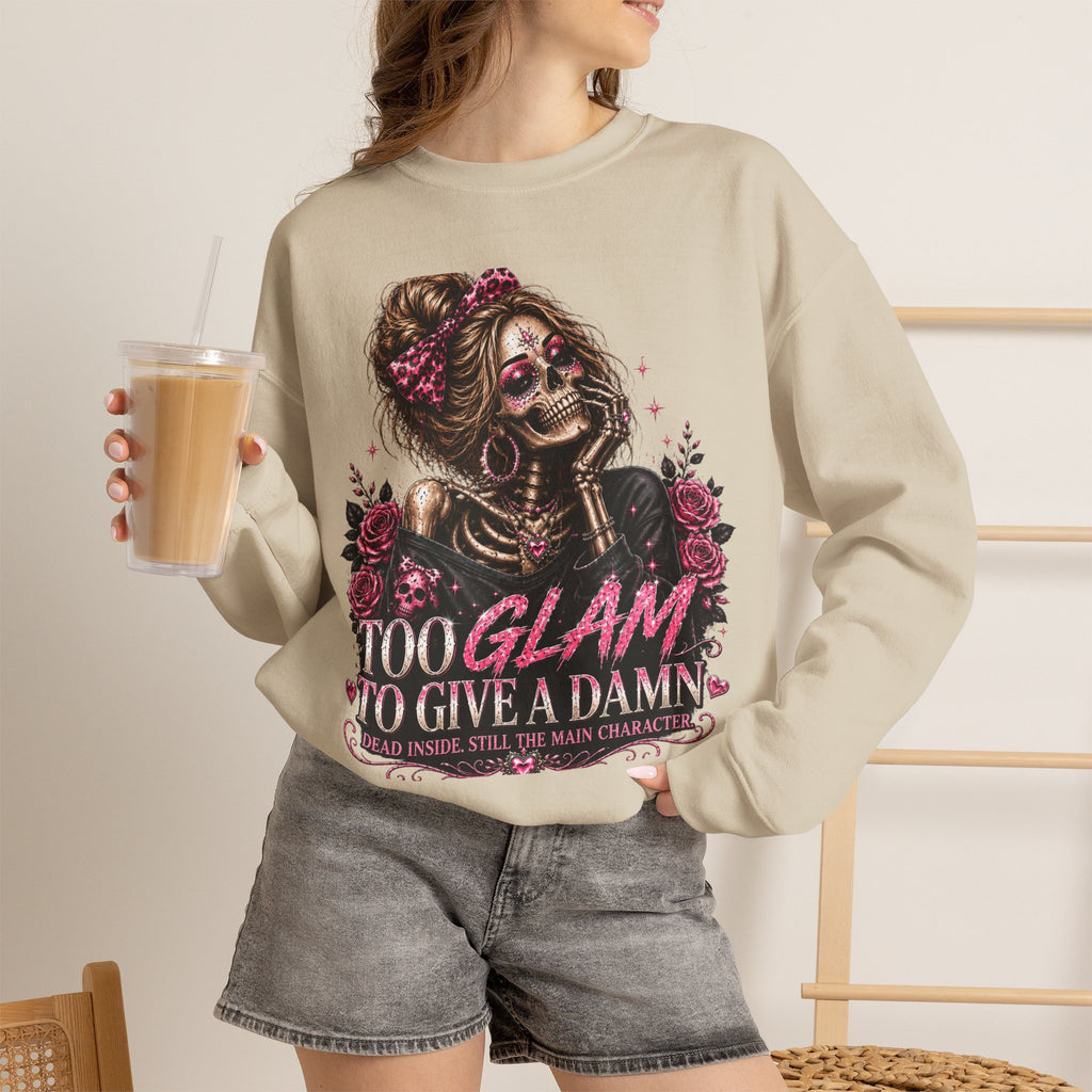 Glam Skull Crewneck Sweatshirt — "Too Glam To Give a Damn" Graphic
