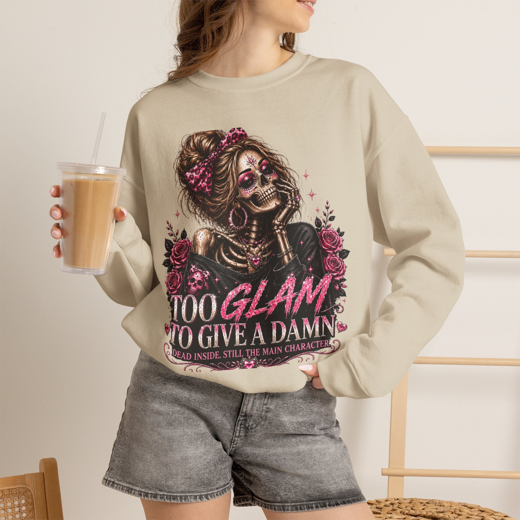 Glam Skull Crewneck Sweatshirt — "Too Glam To Give a Damn" Graphic