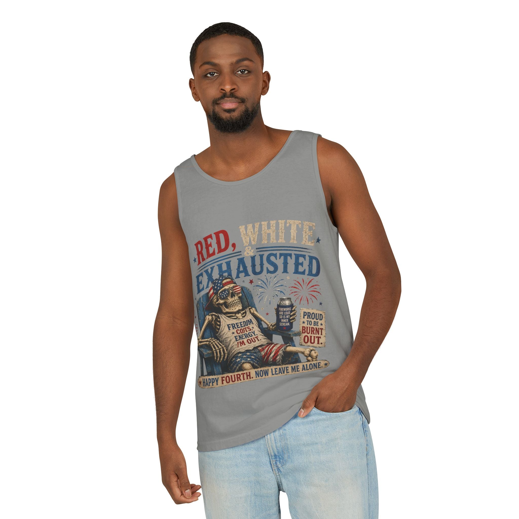 Red, White & Exhausted Shirt | Funny 4th of July Tank top  | Patriotic Burnout Tee | Retro America Graphic Tee | Independence Day Gift