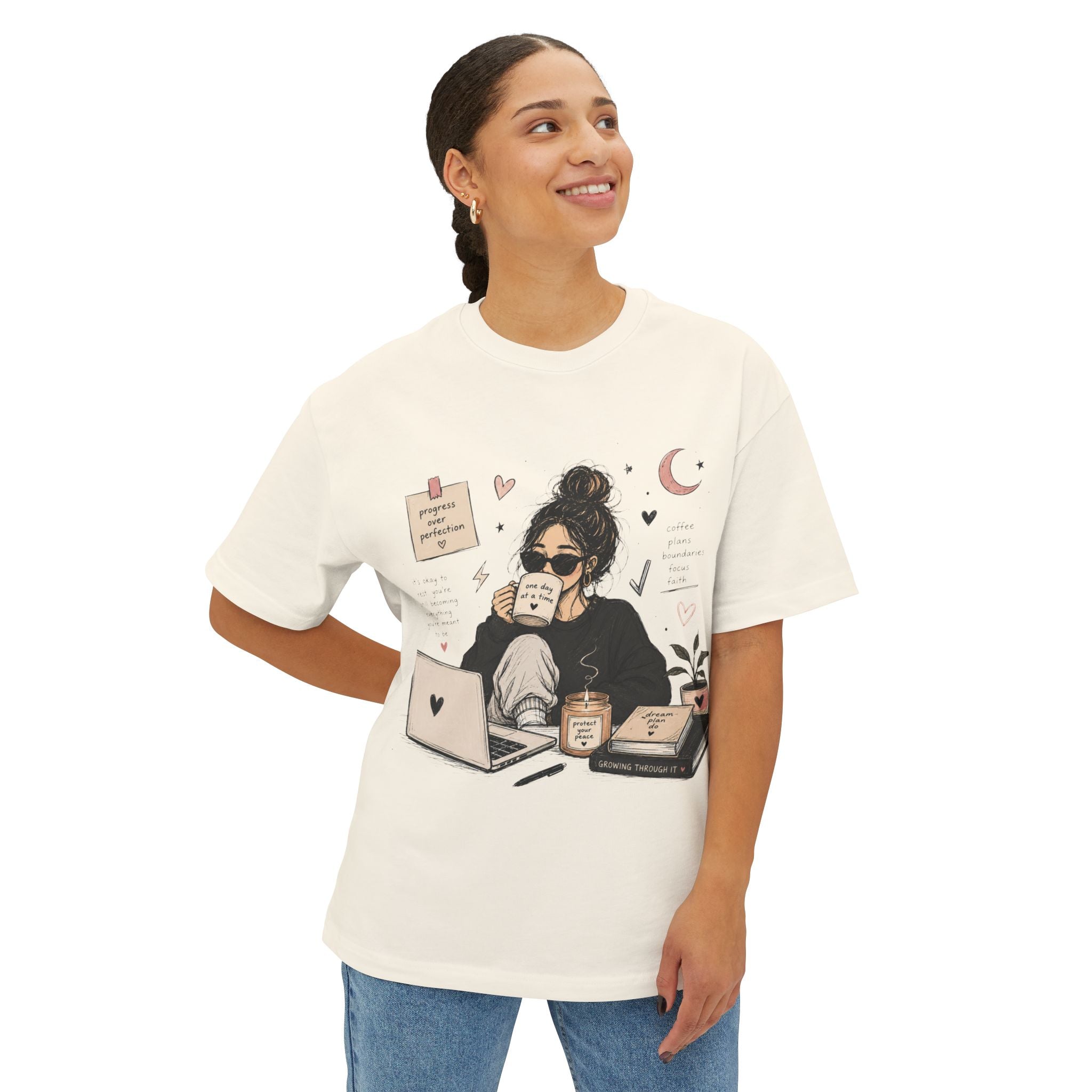 Cozy Coffee Girl Oversized Boxy Study Tee | Hand Drawn Self Care Shirt | Cute Laptop Graphic Tee | Cozy Girl Aesthetic