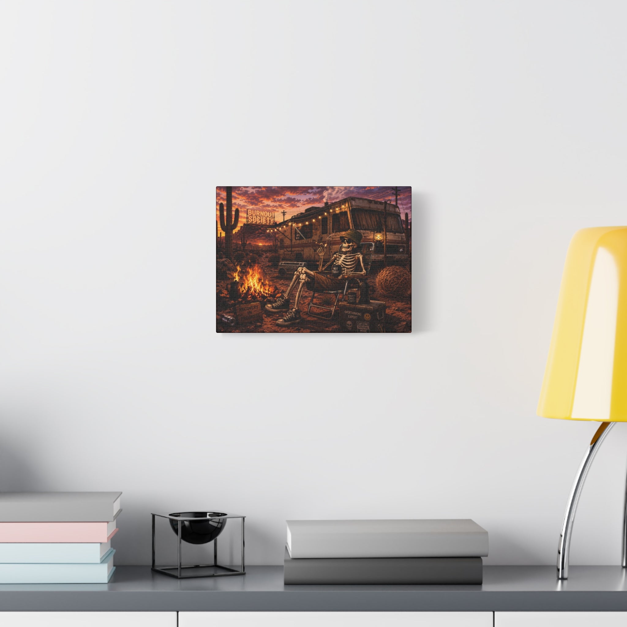 Skeleton Camper Desert Canvas Print — 'Burnout Society' RV Campfire Wall Art