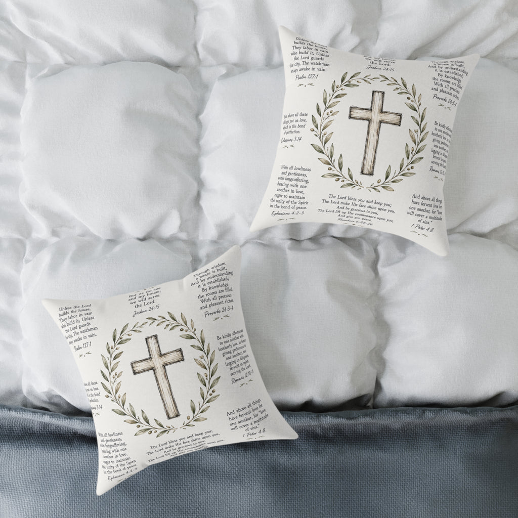 Christian Scripture Throw Pillow | Rustic Cross & Bible Verse Accent Pillow | Farmhouse Faith Home Decor