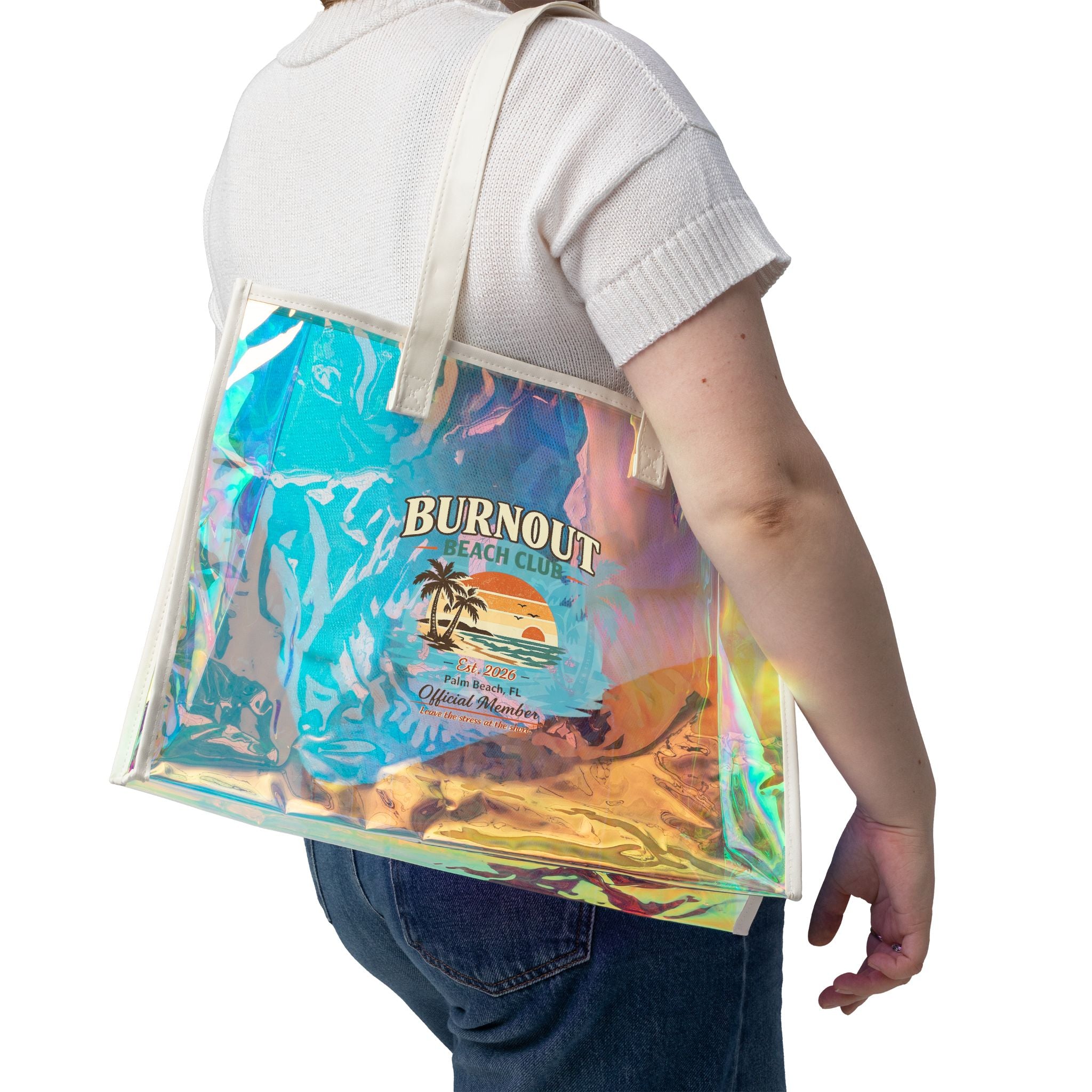 Burnout Beach Club Holographic Beach Tote | Clear Iridescent Beach Bag | Large Summer Tote | Pool Bag | Vacation Gift
