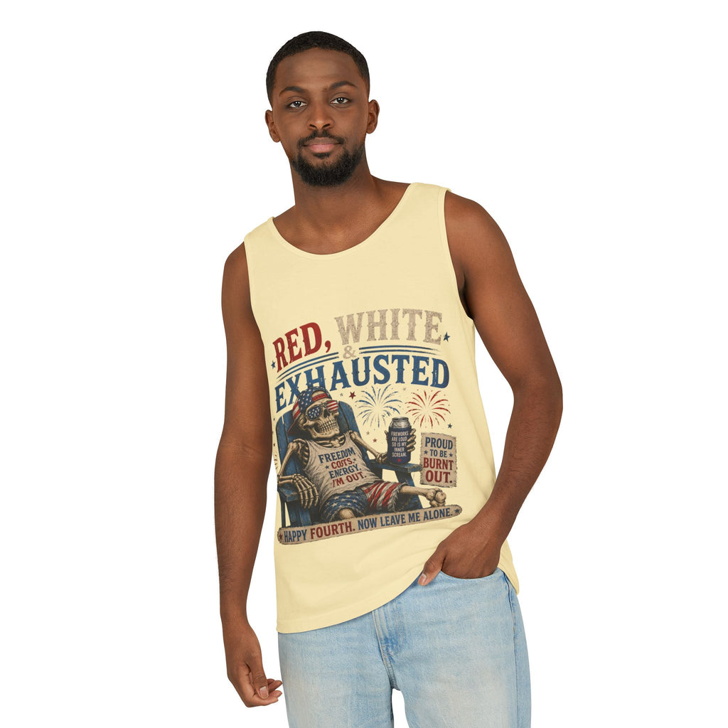 Red, White & Exhausted Shirt | Funny 4th of July Tank top  | Patriotic Burnout Tee | Retro America Graphic Tee | Independence Day Gift