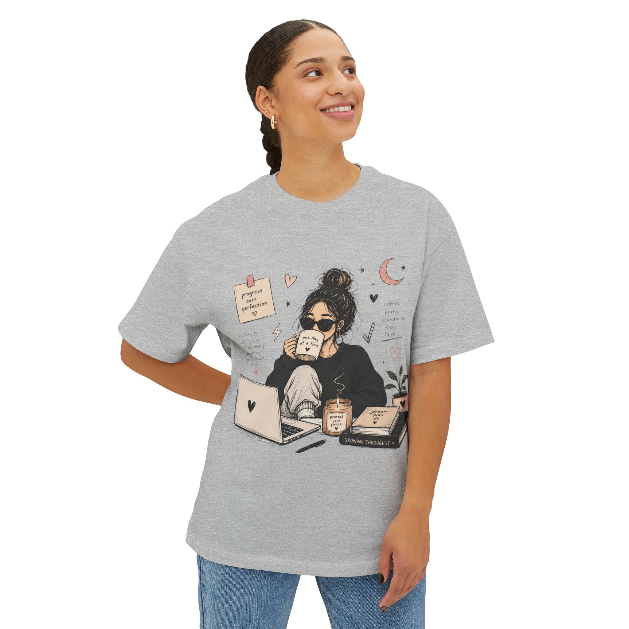 Cozy Coffee Girl Oversized Boxy Study Tee | Hand Drawn Self Care Shirt | Cute Laptop Graphic Tee | Cozy Girl Aesthetic