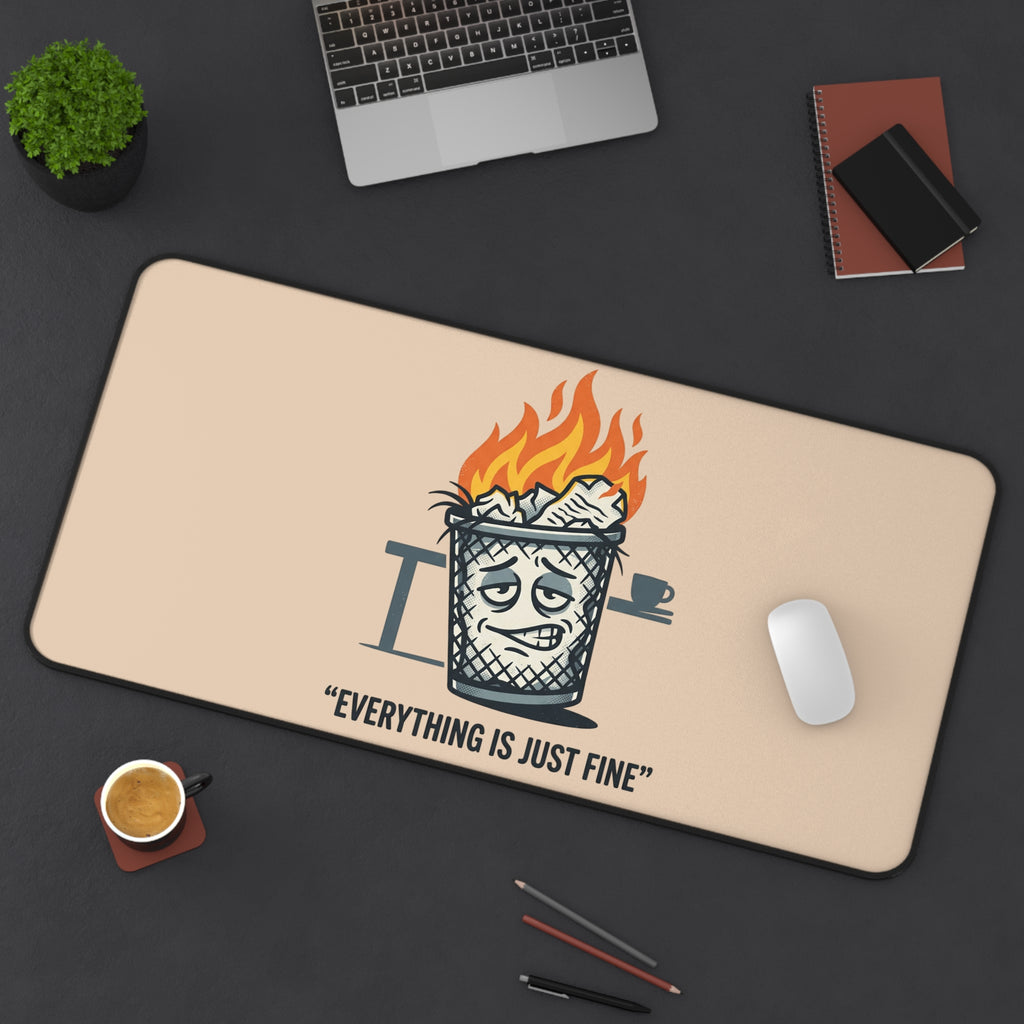 Desk Mat – “Everything Is Just Fine” Funny Burning Trash Can Desk Pad