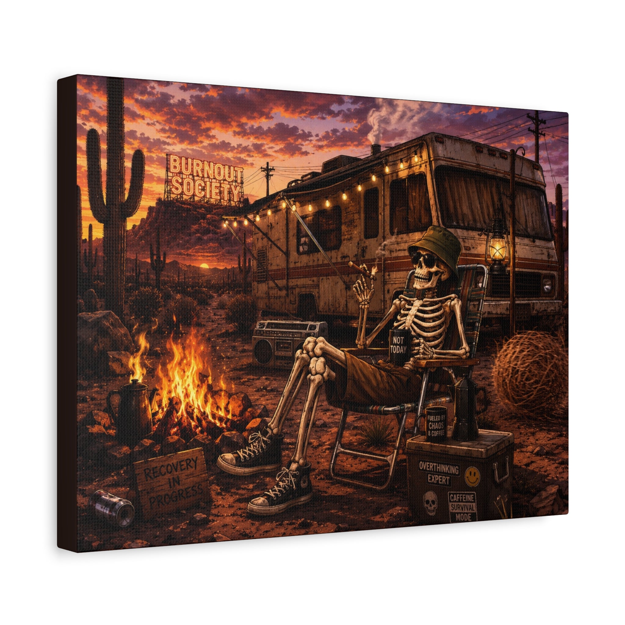 Skeleton Camper Desert Canvas Print — 'Burnout Society' RV Campfire Wall Art