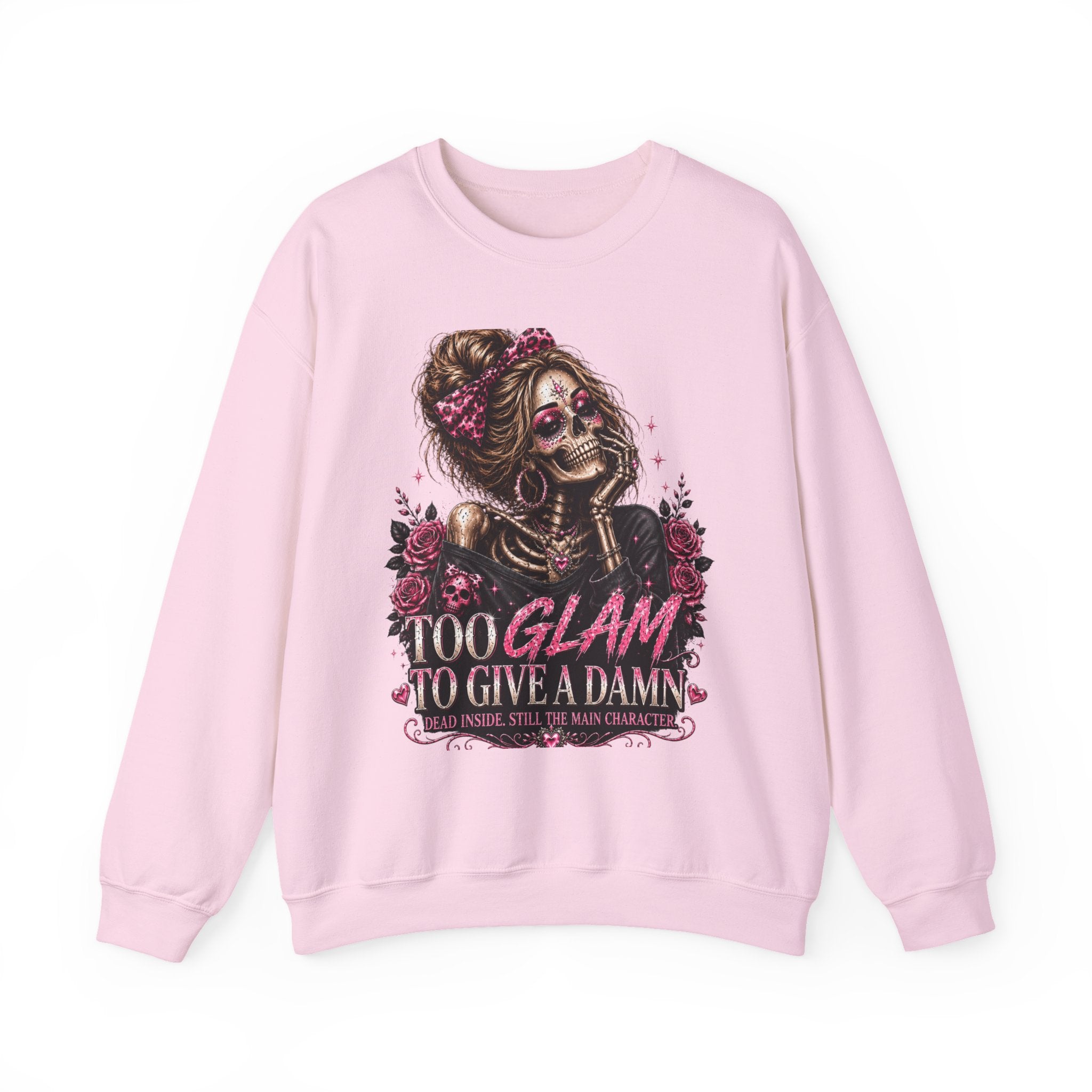 Glam Skull Crewneck Sweatshirt — "Too Glam To Give a Damn" Graphic