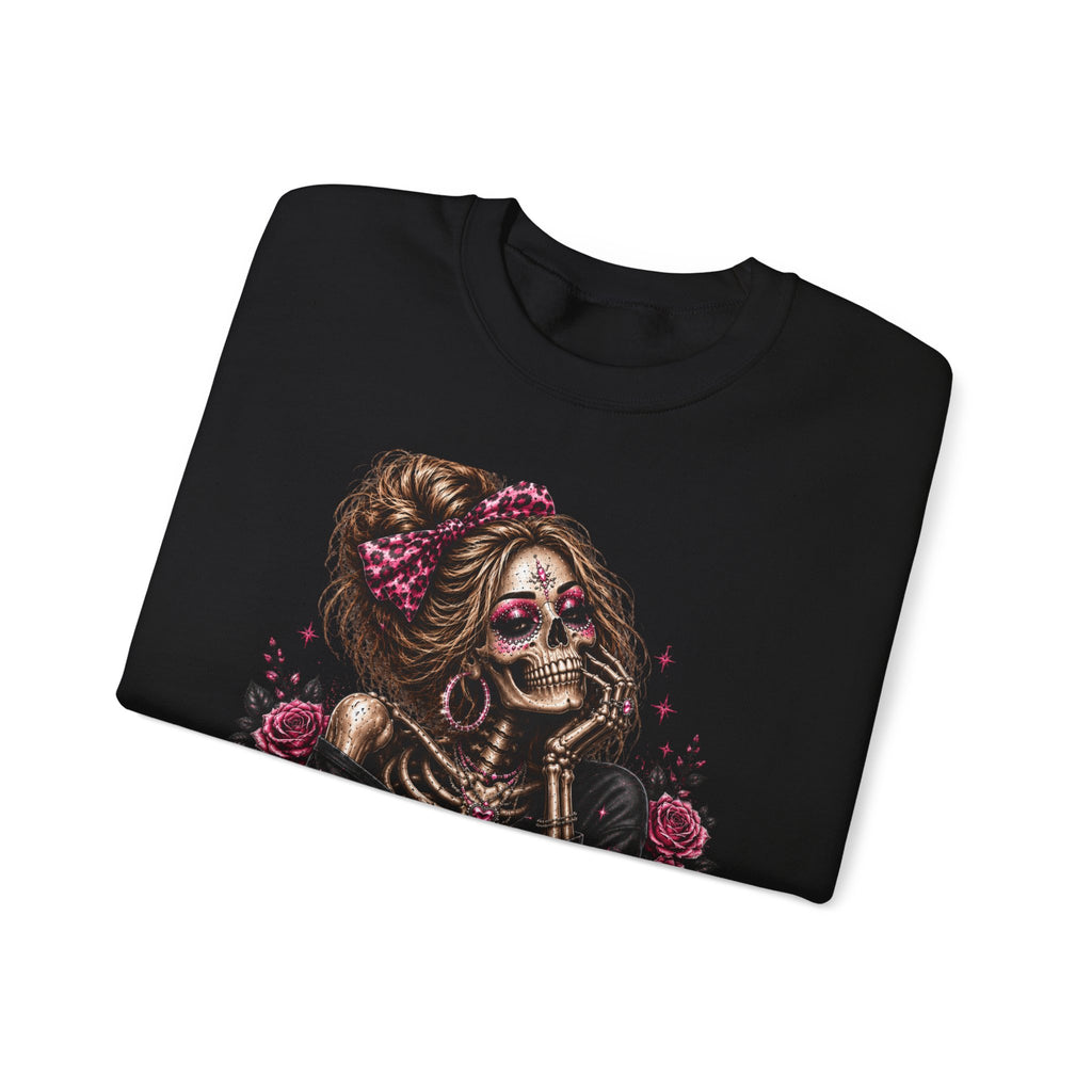 Glam Skull Crewneck Sweatshirt — "Too Glam To Give a Damn" Graphic
