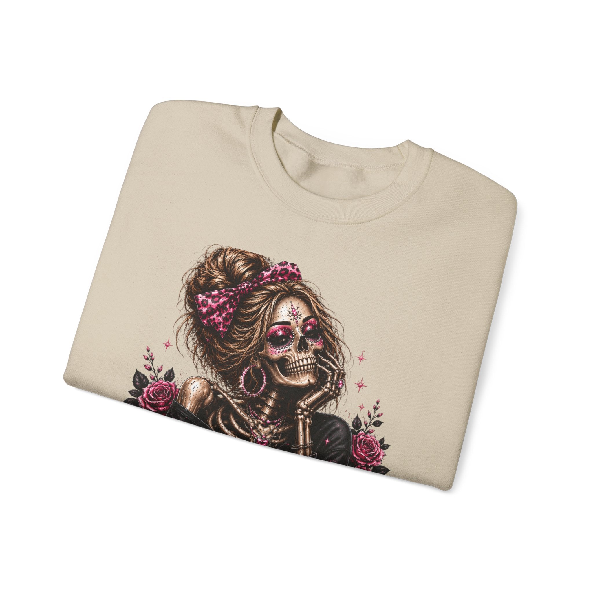Glam Skull Crewneck Sweatshirt — "Too Glam To Give a Damn" Graphic