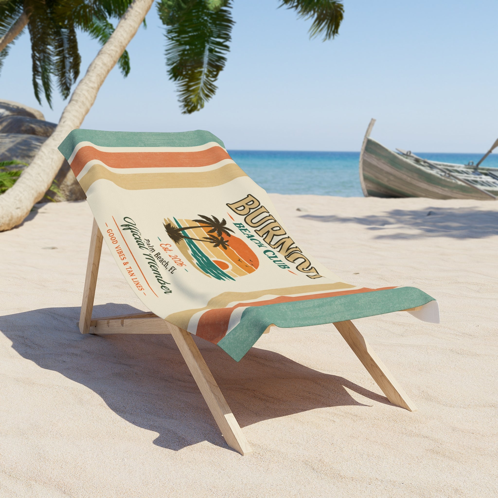 Burnout Beach Club Beach Towel | Retro Coastal Towel | Vintage Stripe Pool Towel | Summer Vacation Gift | Resort Beach Towel